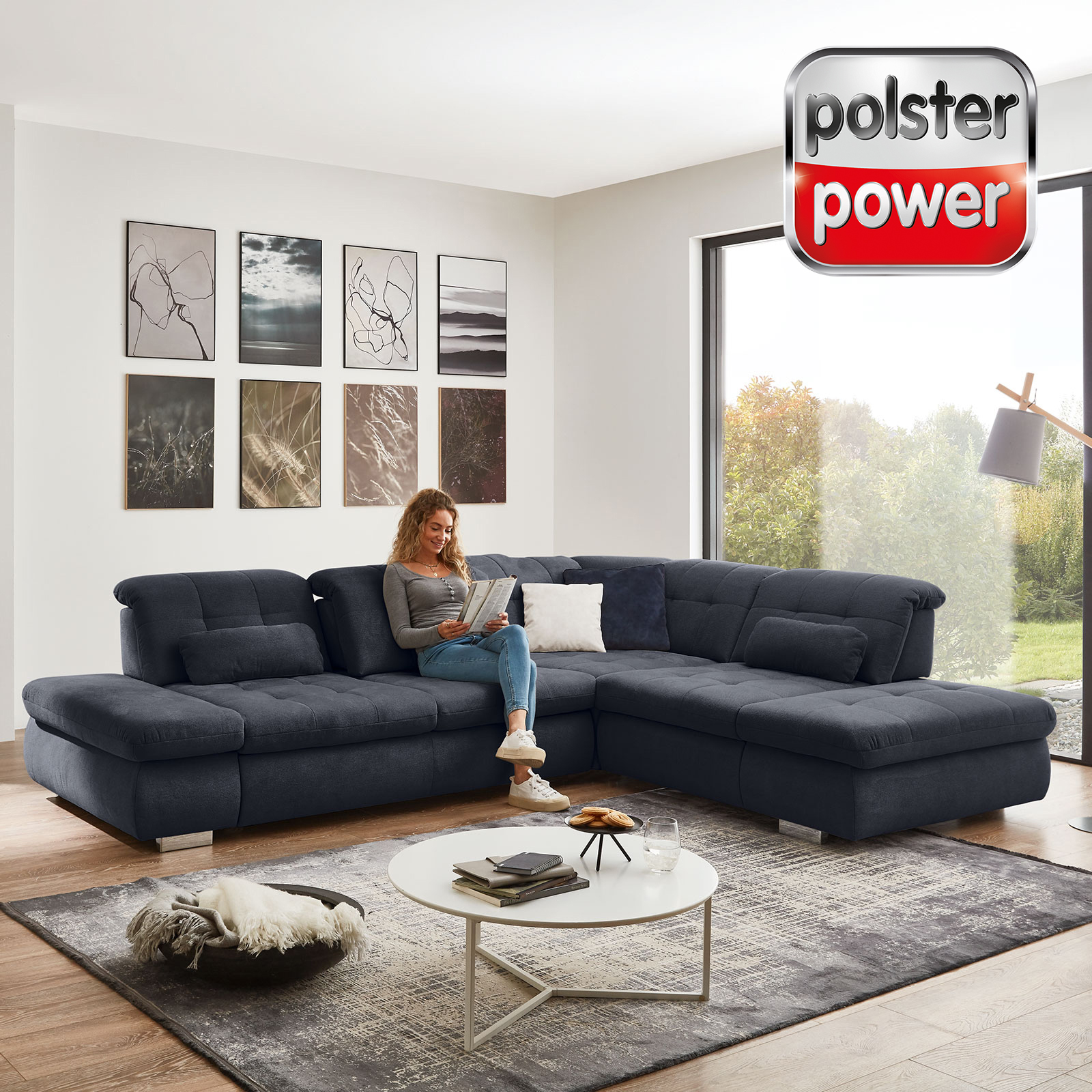 polsterpower Ecksofa - marine - mit Funktionen - Anstellhocker rechts