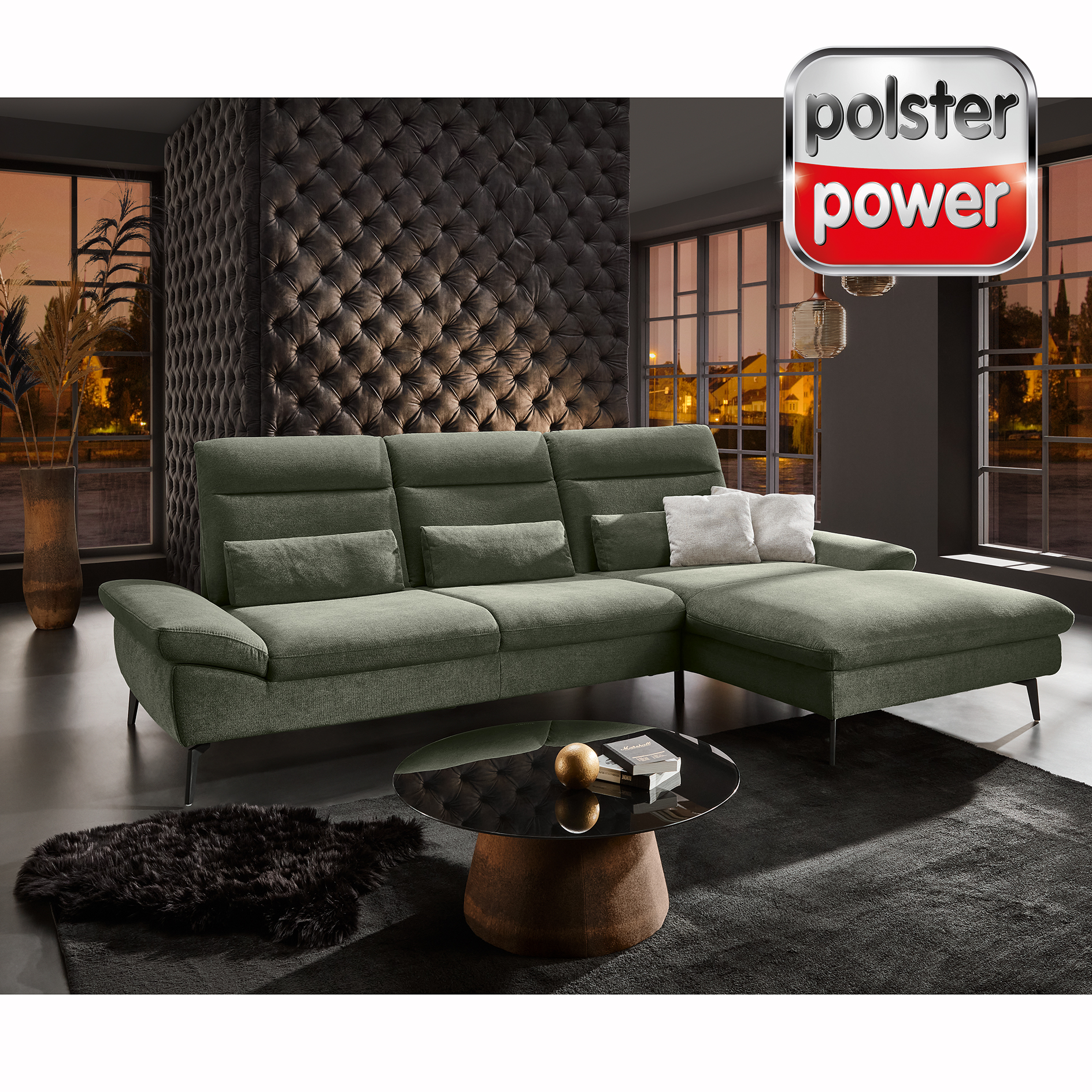 polsterpower Ecksofa - moos - mit Funktionen - Canapé rechts