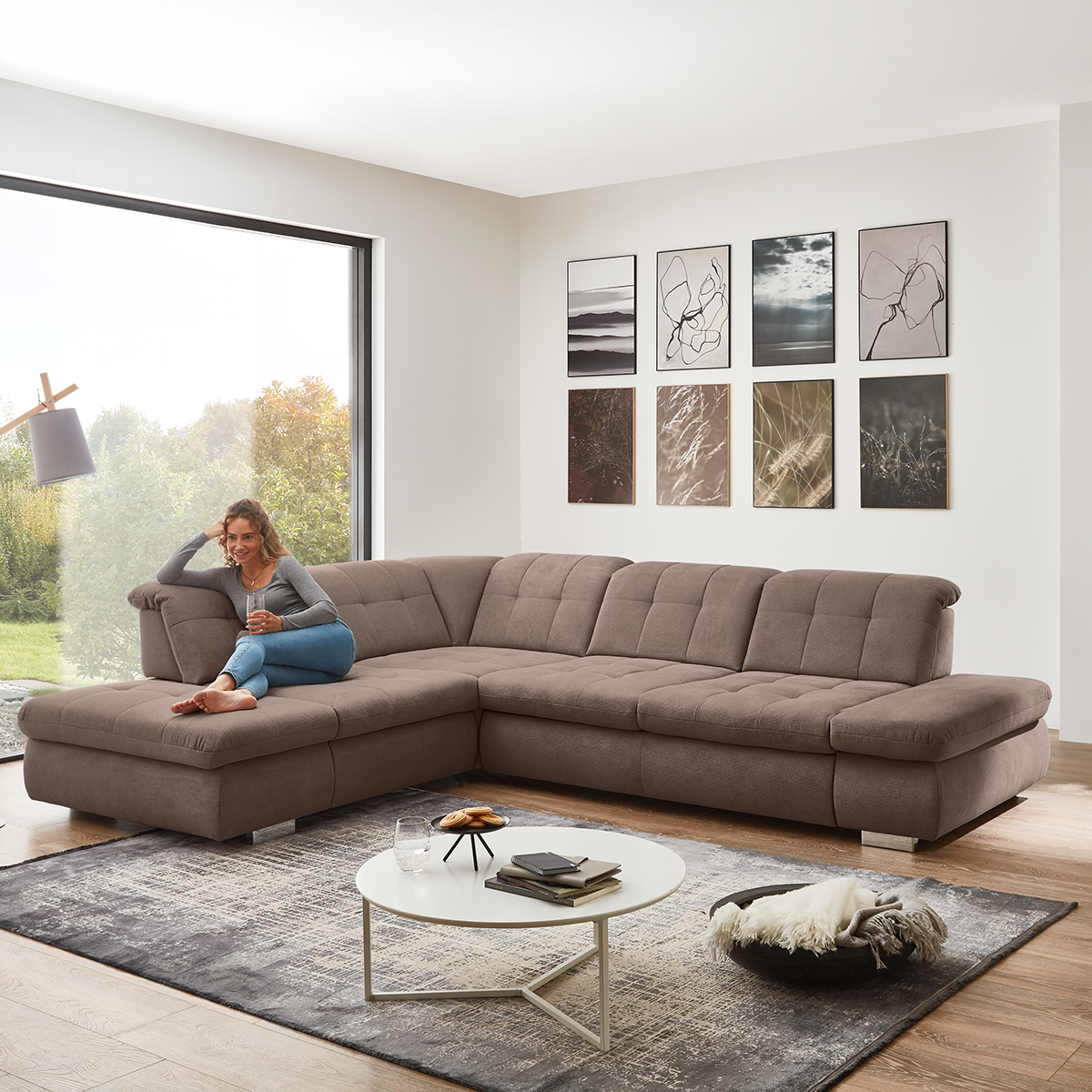 polsterpower Ecksofa - nougat - Basismodell - Anstellhocker links
