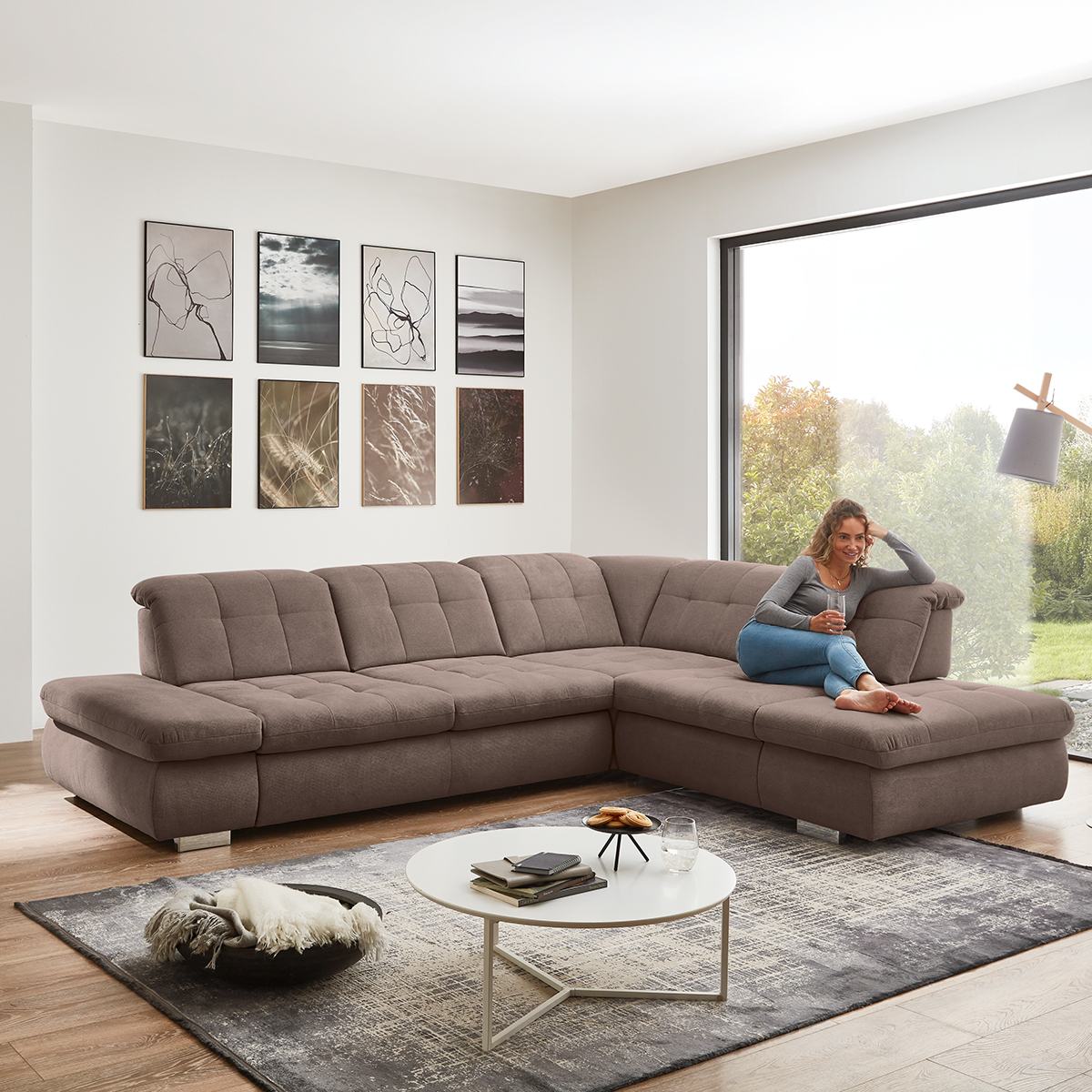 polsterpower Ecksofa - nougat - Basismodell - Anstellhocker rechts