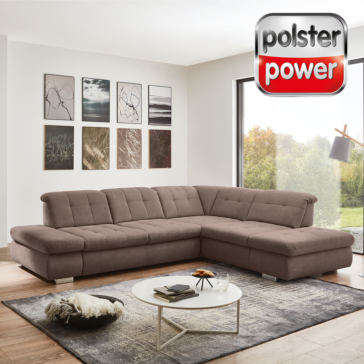 polsterpower Ecksofa - nougat - Basismodell - Anstellhocker rechts