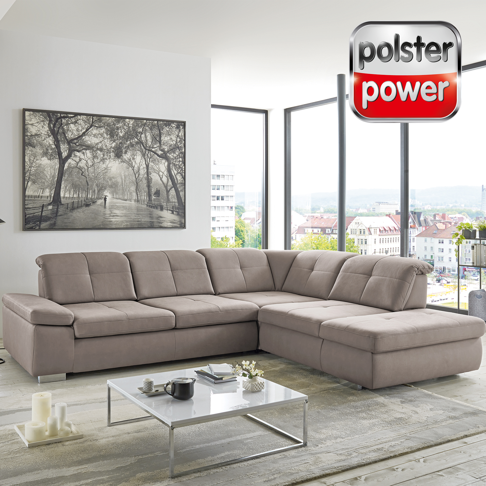 polsterpower Ecksofa - nougat - Basismodell - Anstellhocker rechts