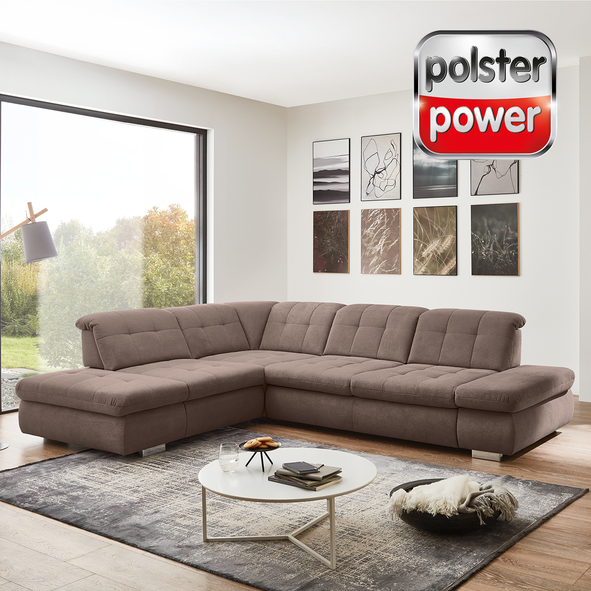polsterpower Ecksofa - nougat - mit Funktionen - Anstellhocker links