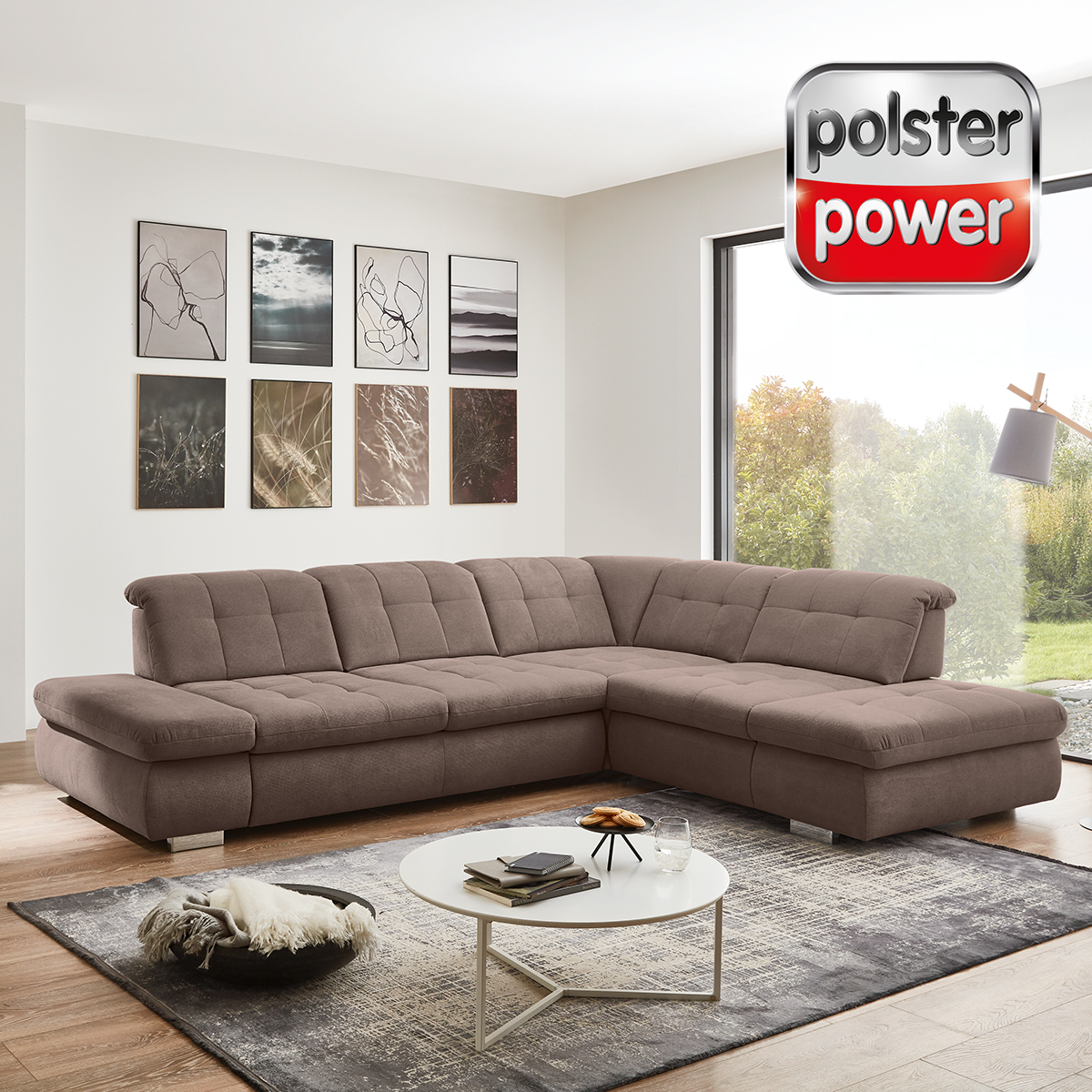 polsterpower Ecksofa - nougat - mit Funktionen - Anstellhocker rechts