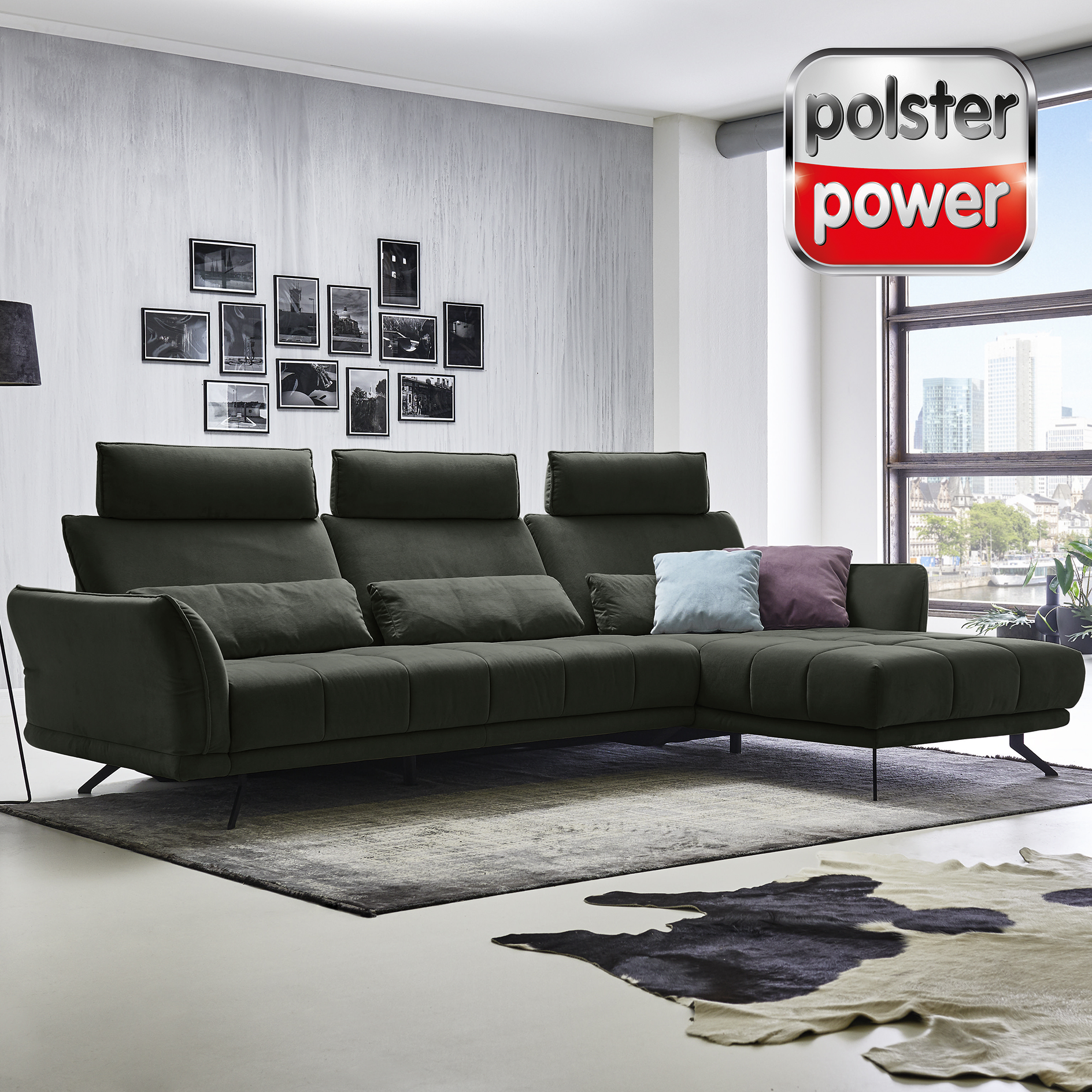 polsterpower Ecksofa - olive - mit Funktionen - Canapé rechts