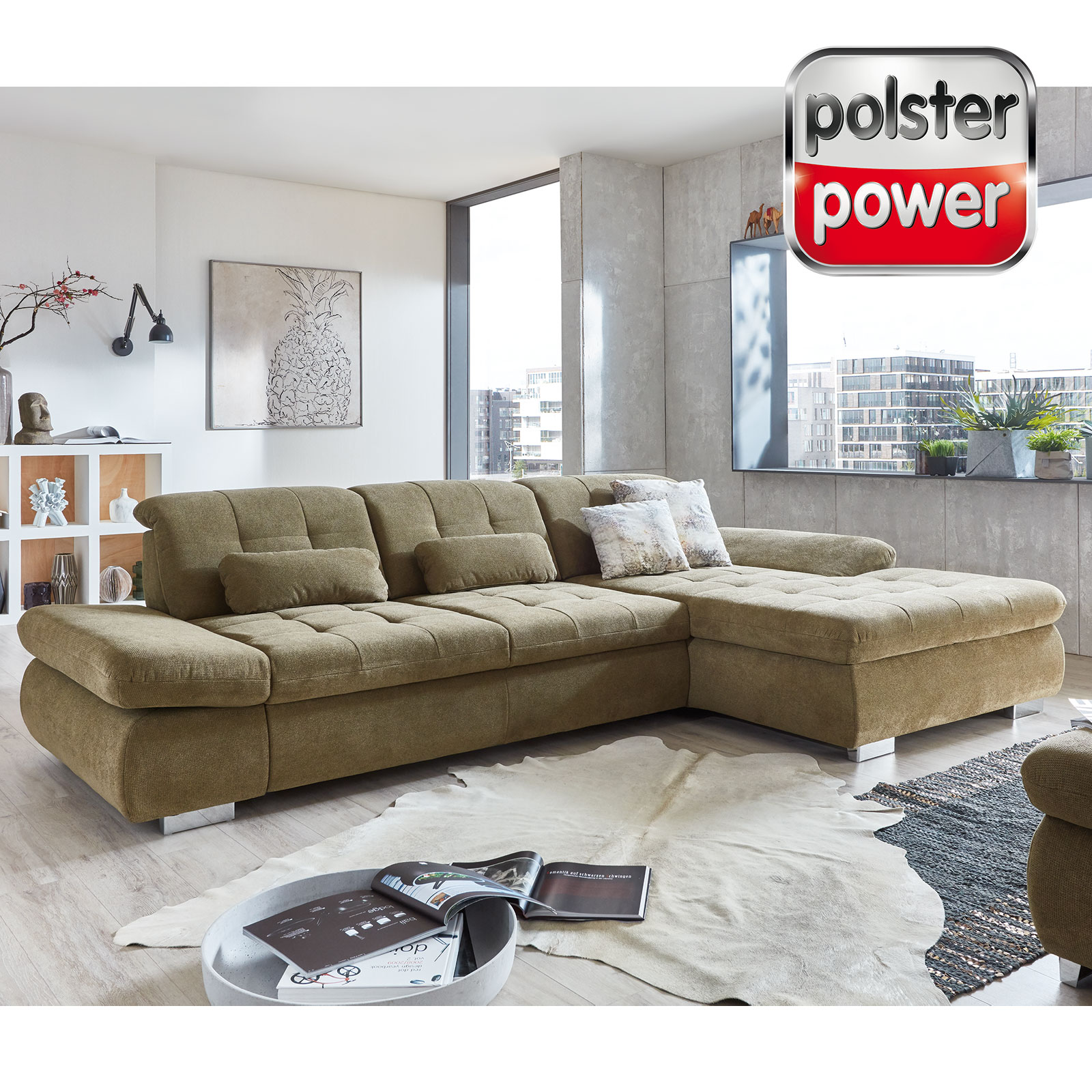 polsterpower Ecksofa - olivgrün - mit Funktionen - Canapé rechts