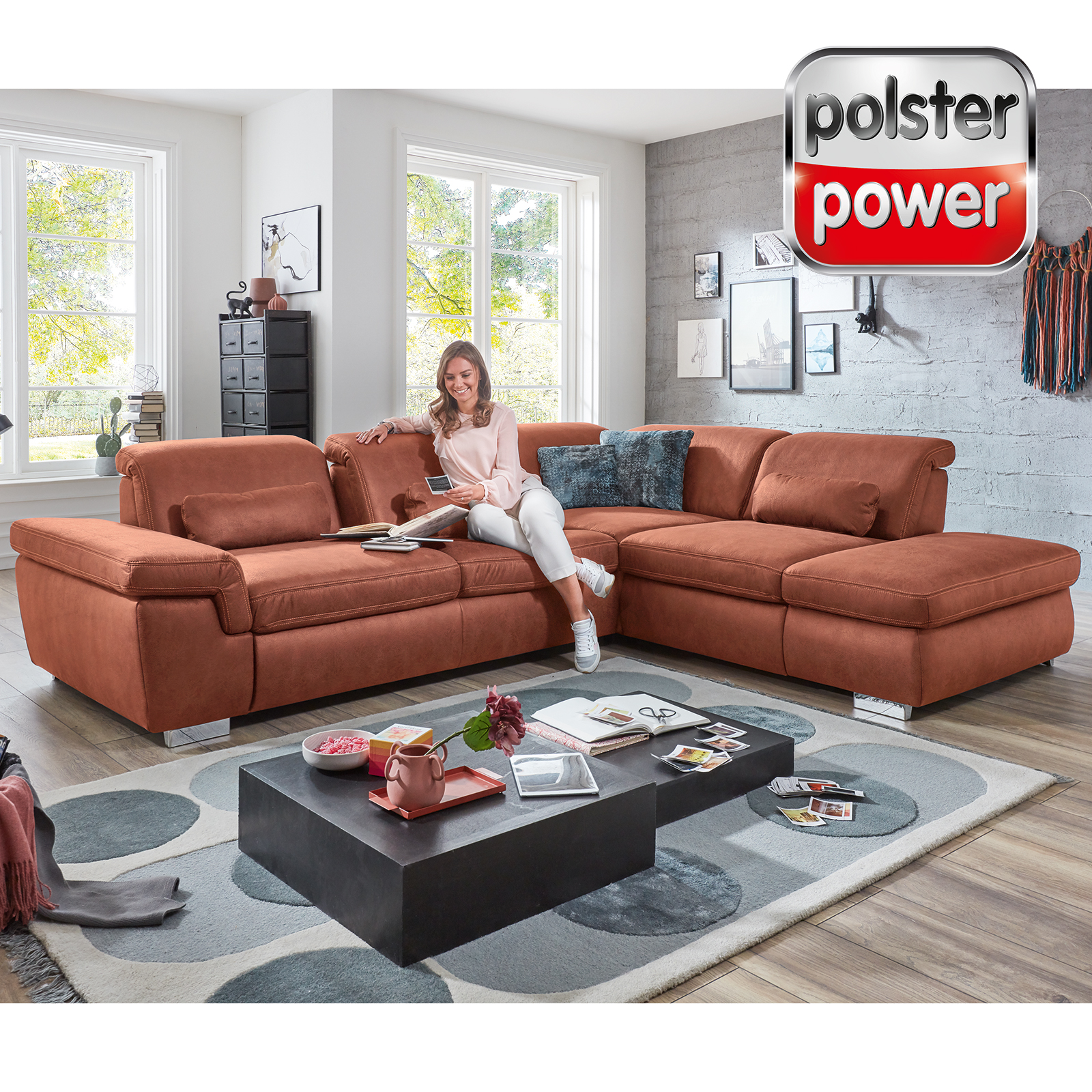 polsterpower Ecksofa - rot - mit Funktionen - Anstellhocker rechts