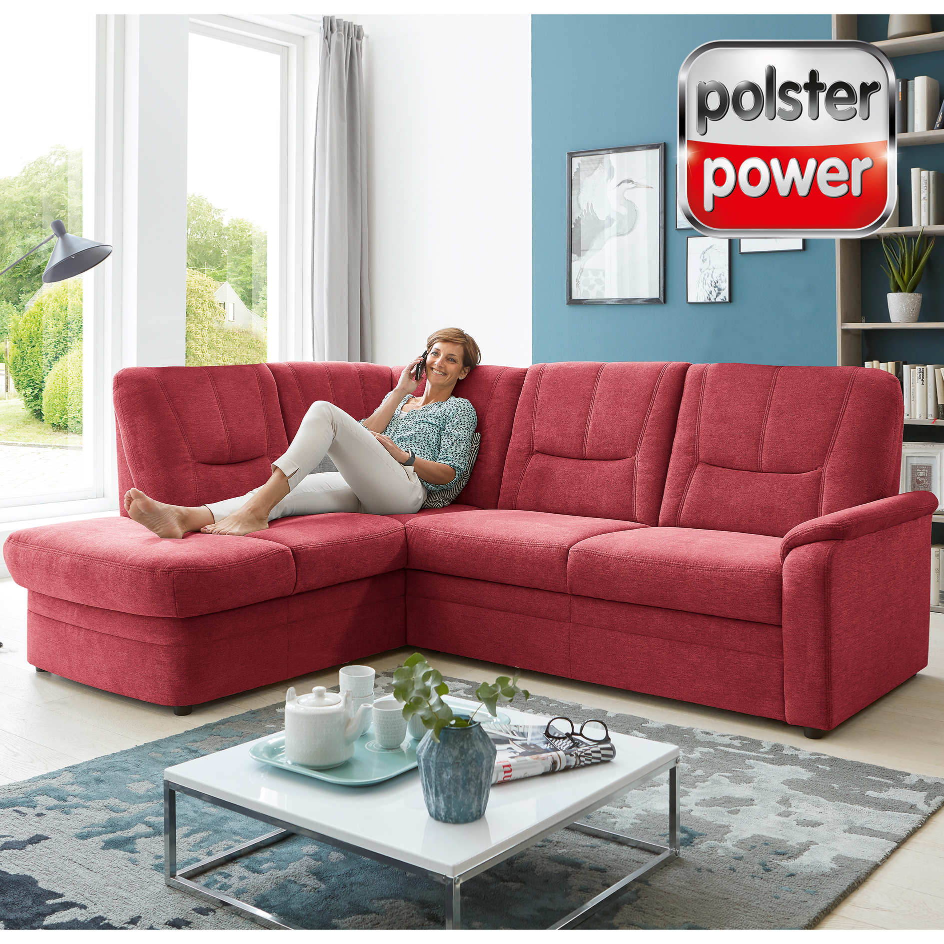 polsterpower Ecksofa - rot - mit Funktionen - Kombielement links