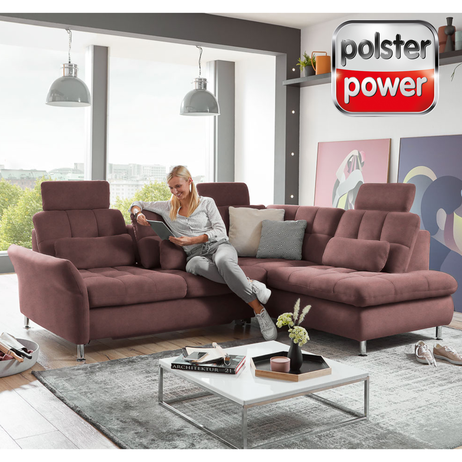 polsterpower Ecksofa - rot - mit Funktionen - links