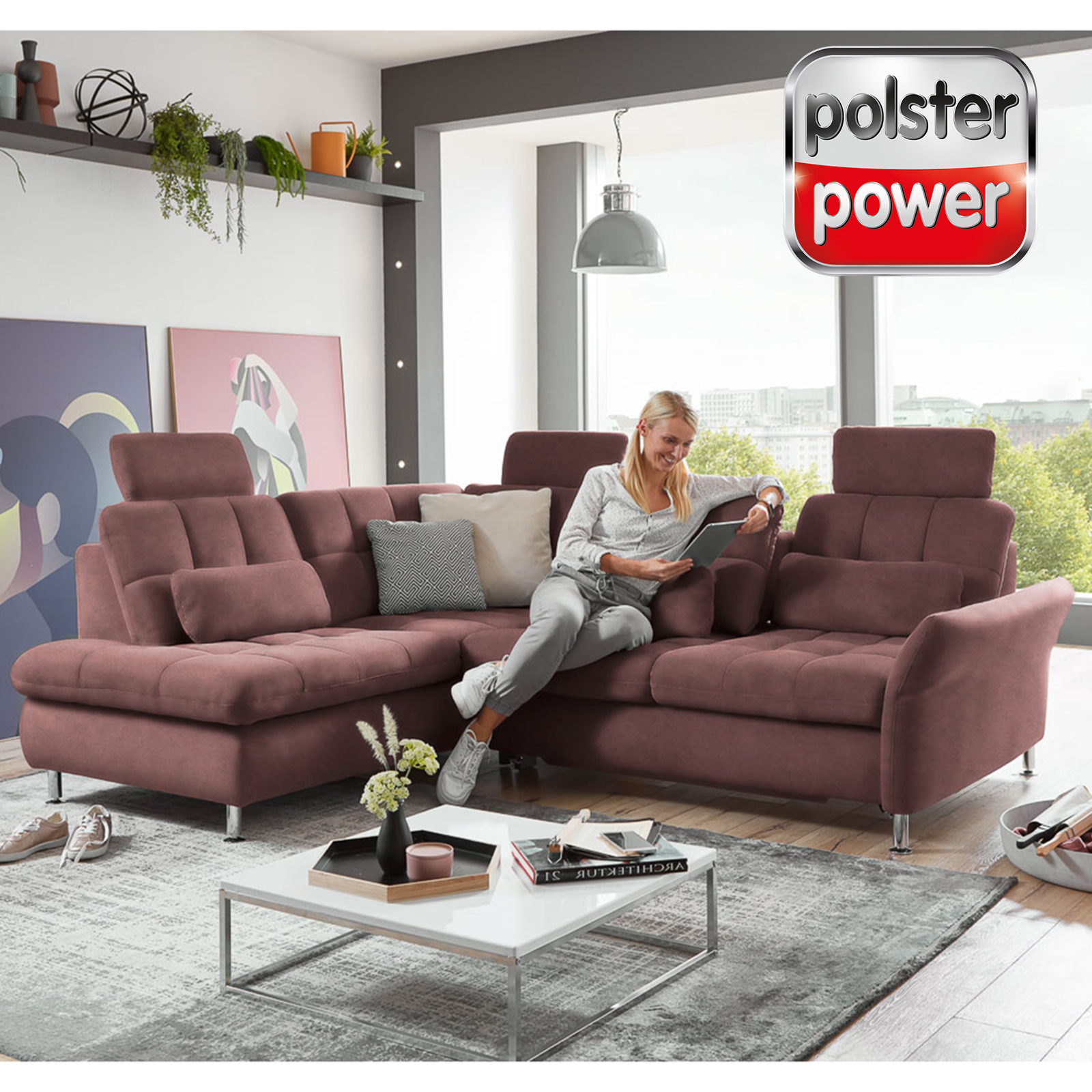 polsterpower Ecksofa - rot - mit Funktionen - rechts