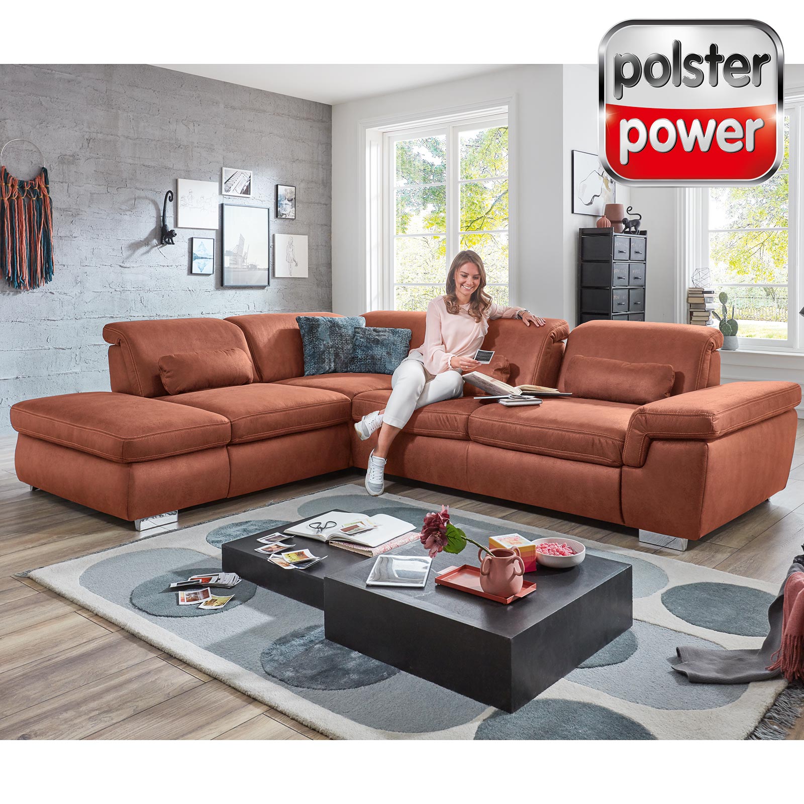 polsterpower Ecksofa - rot - mit Sitztiefenverstellung - Anstellhocker links