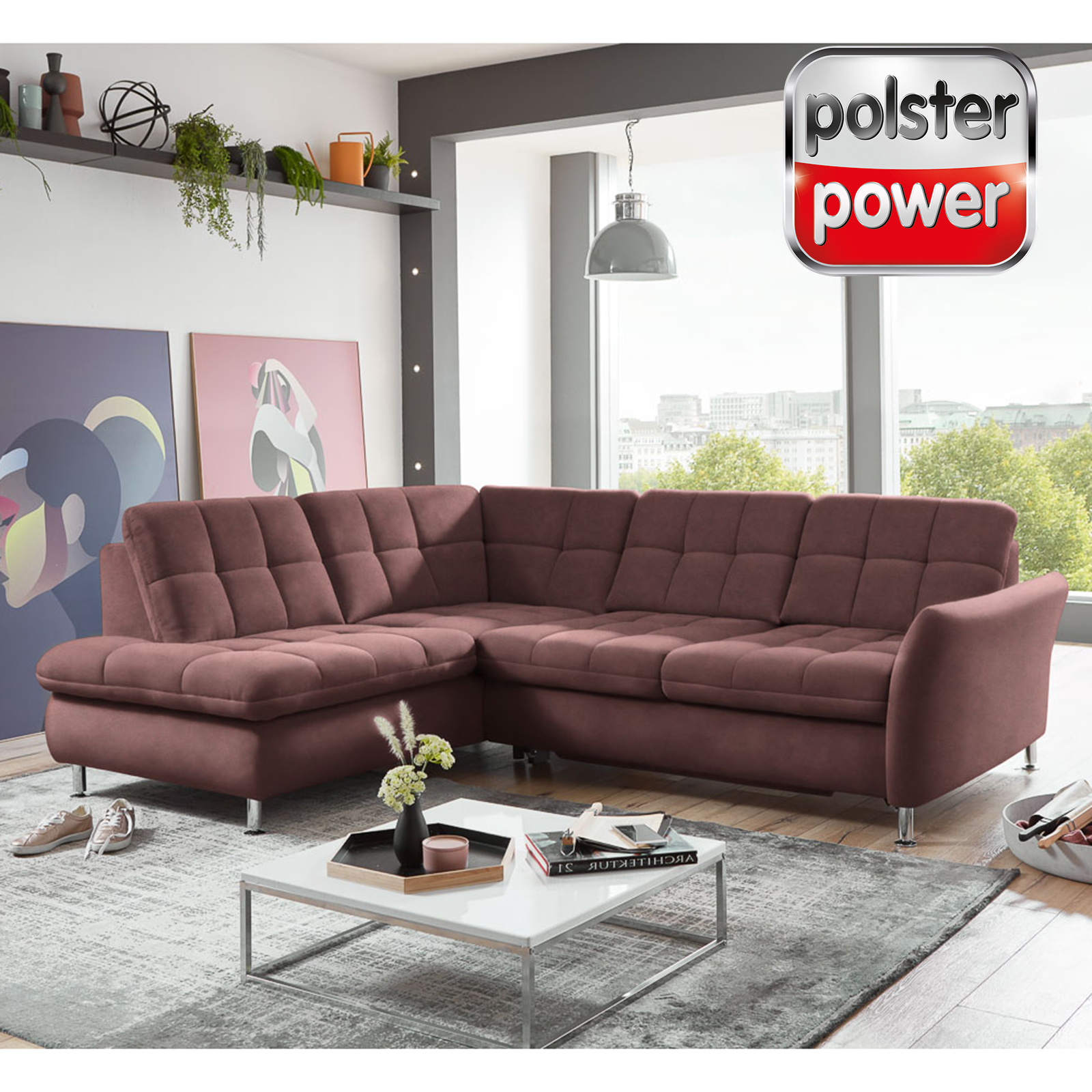 polsterpower Ecksofa - rot - mit Sitztiefenverstellung - rechts