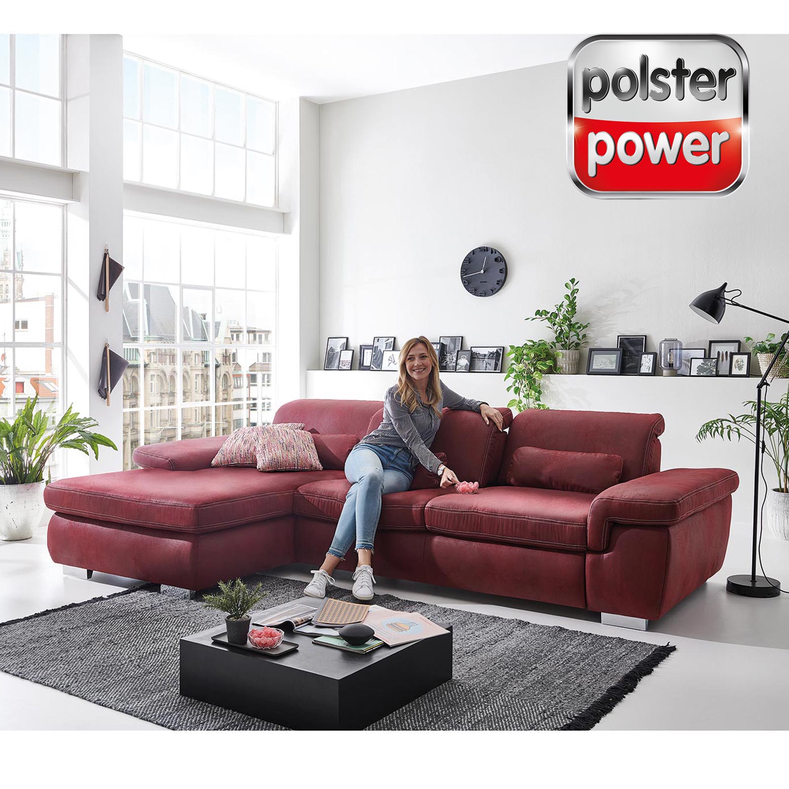 polsterpower Ecksofa - rot - Recamiere links - mit Sitztiefenverstellung