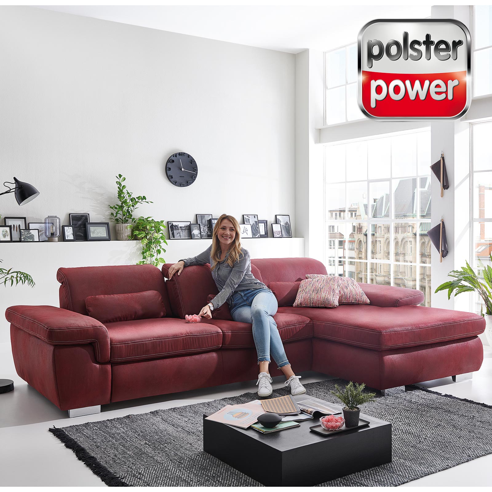 polsterpower Ecksofa - rot - Recamiere rechts - mit Funktionen
