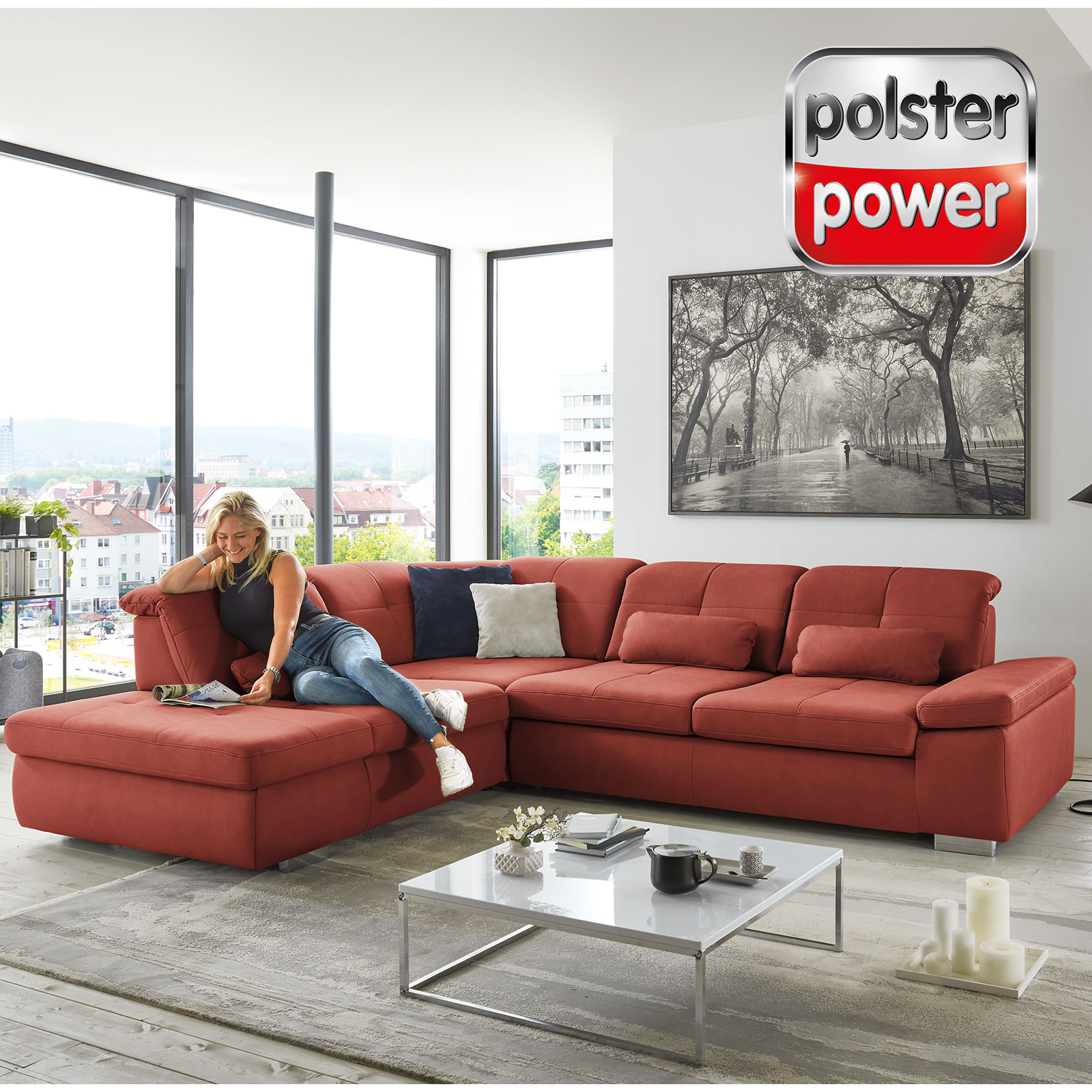 polsterpower Ecksofa - rubin - mit Funktionen - Anstellhocker links