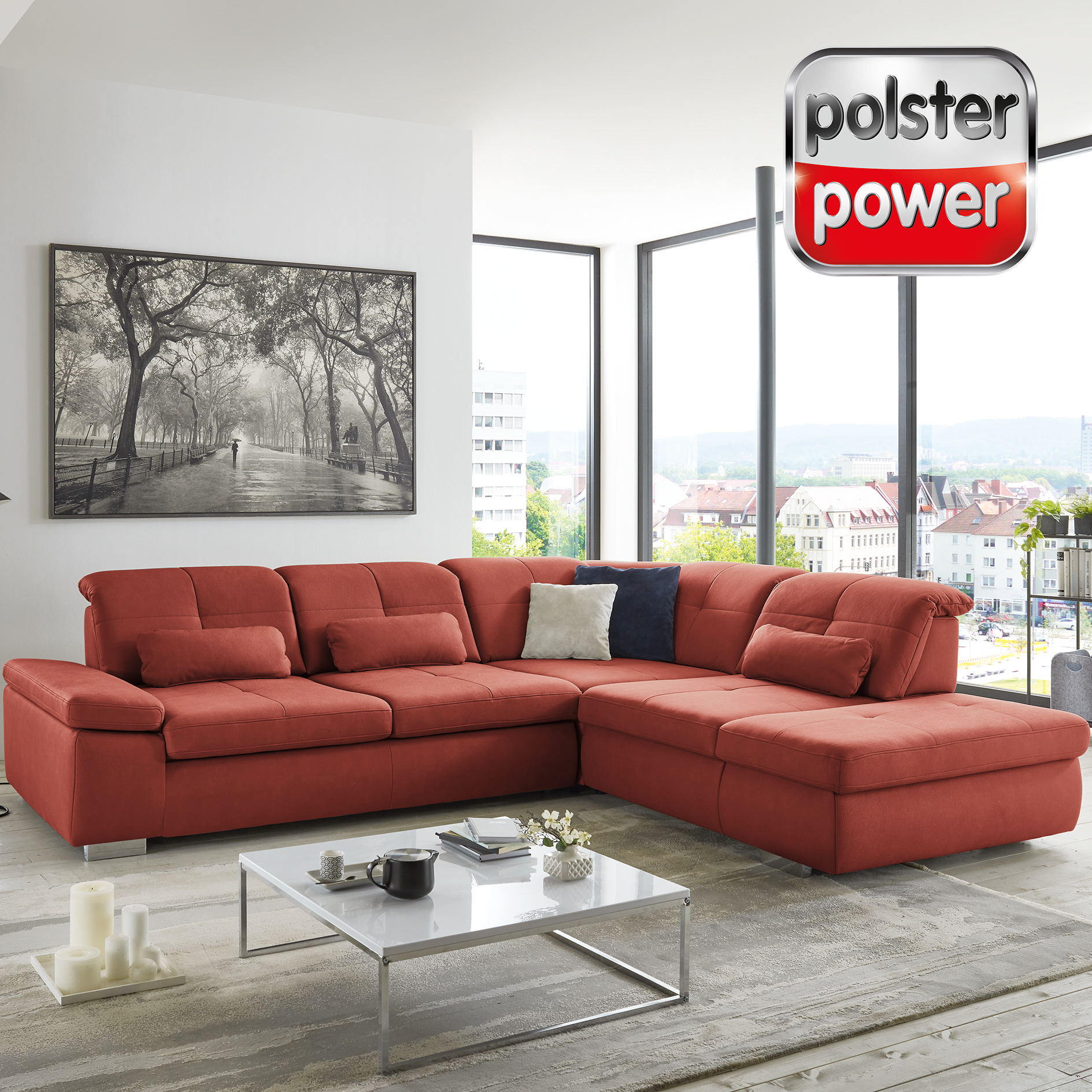 polsterpower Ecksofa - rubin - mit Funktionen - Anstellhocker rechts