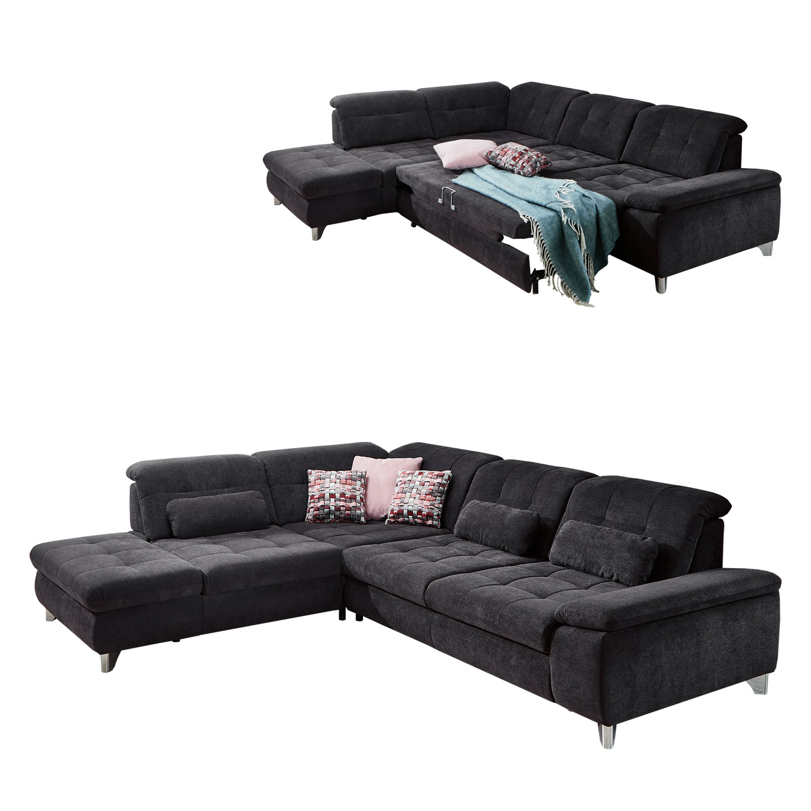 polsterpower Ecksofa - schwarz - mit Funktionen - Recamiere links
