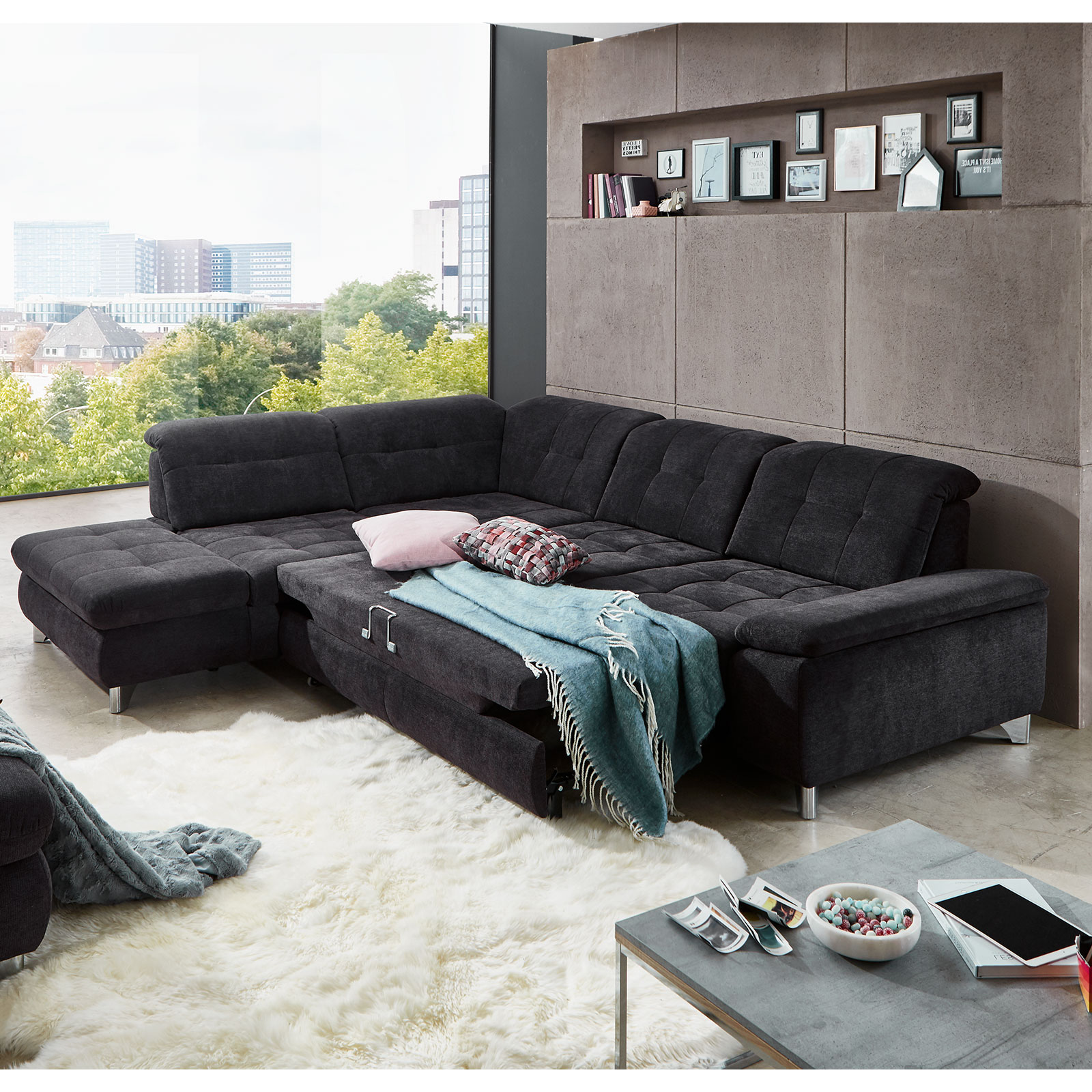polsterpower Ecksofa - schwarz - mit Funktionen - Recamiere links