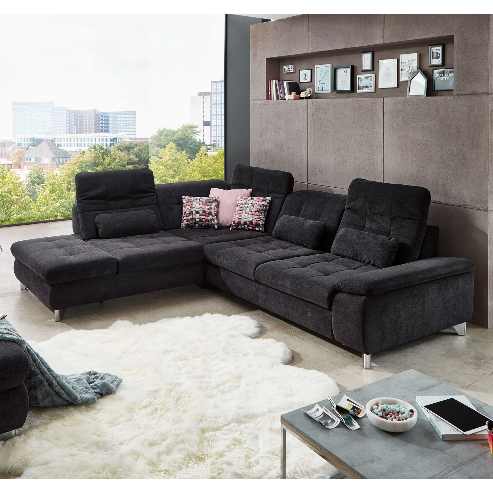 polsterpower Ecksofa - schwarz - mit Funktionen - Recamiere links
