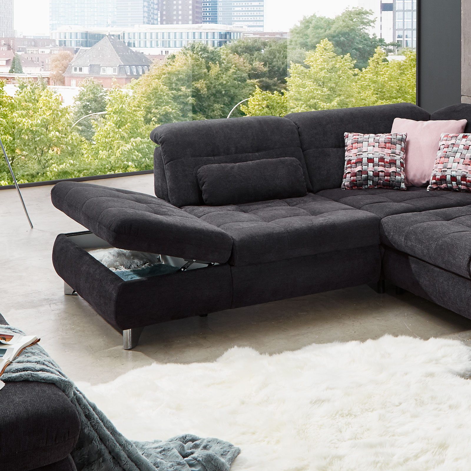 polsterpower Ecksofa - schwarz - mit Funktionen - Recamiere links