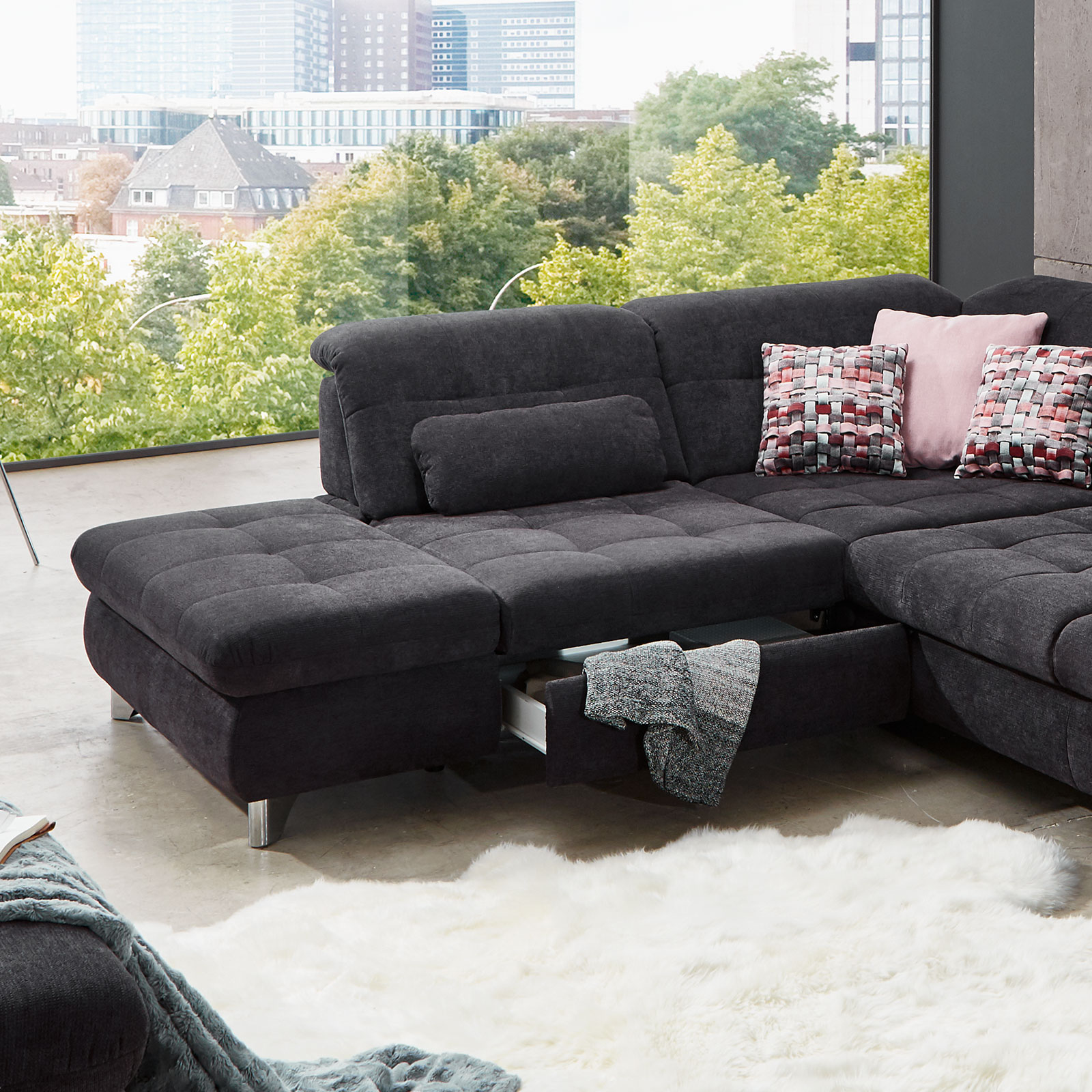 polsterpower Ecksofa - schwarz - mit Funktionen - Recamiere links