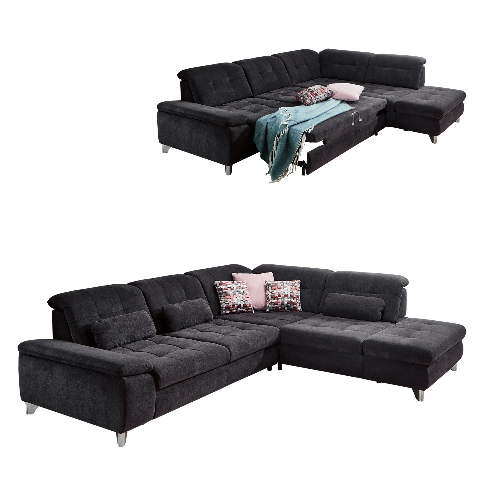 polsterpower Ecksofa - schwarz - mit Funktionen - Recamiere rechts