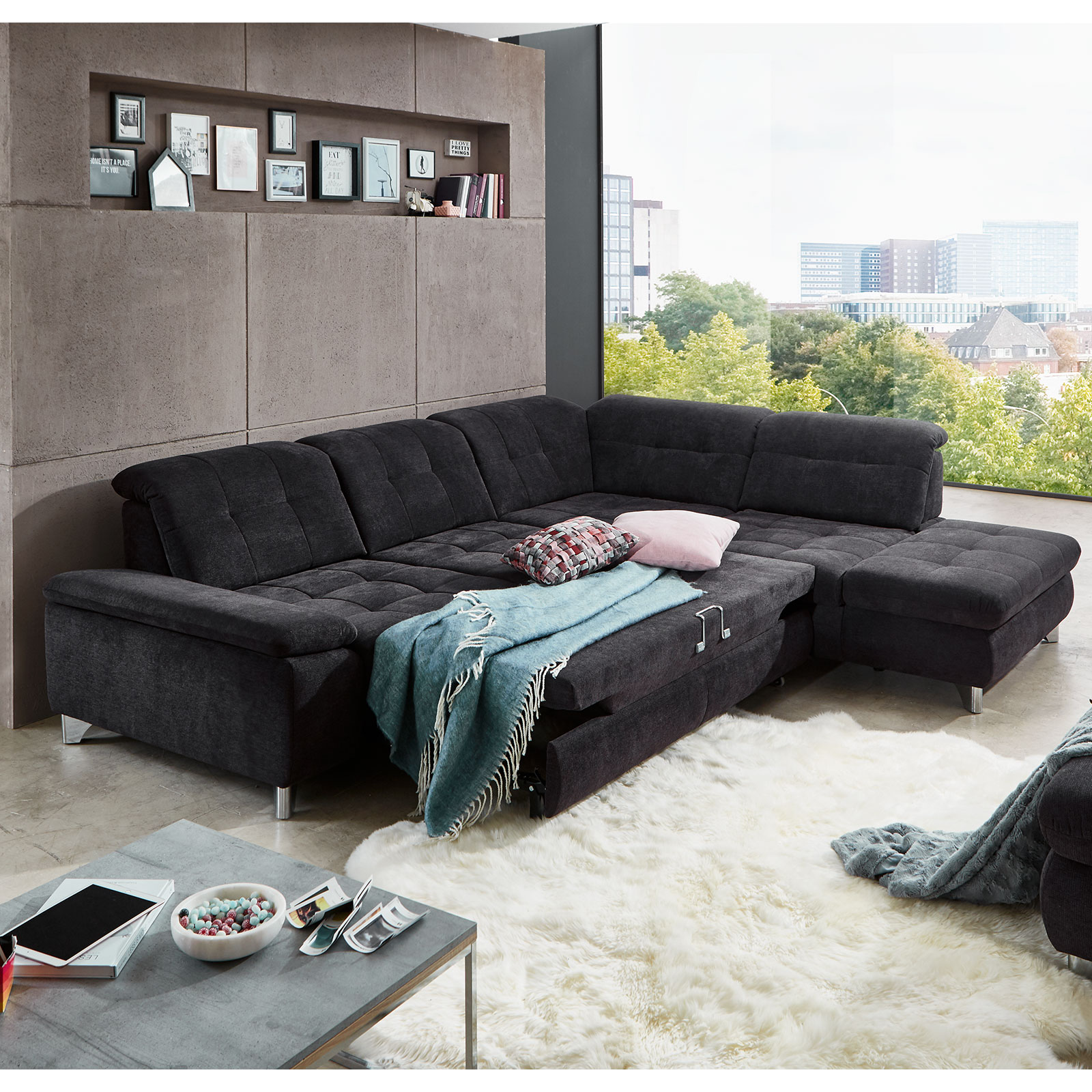 polsterpower Ecksofa - schwarz - mit Funktionen - Recamiere rechts