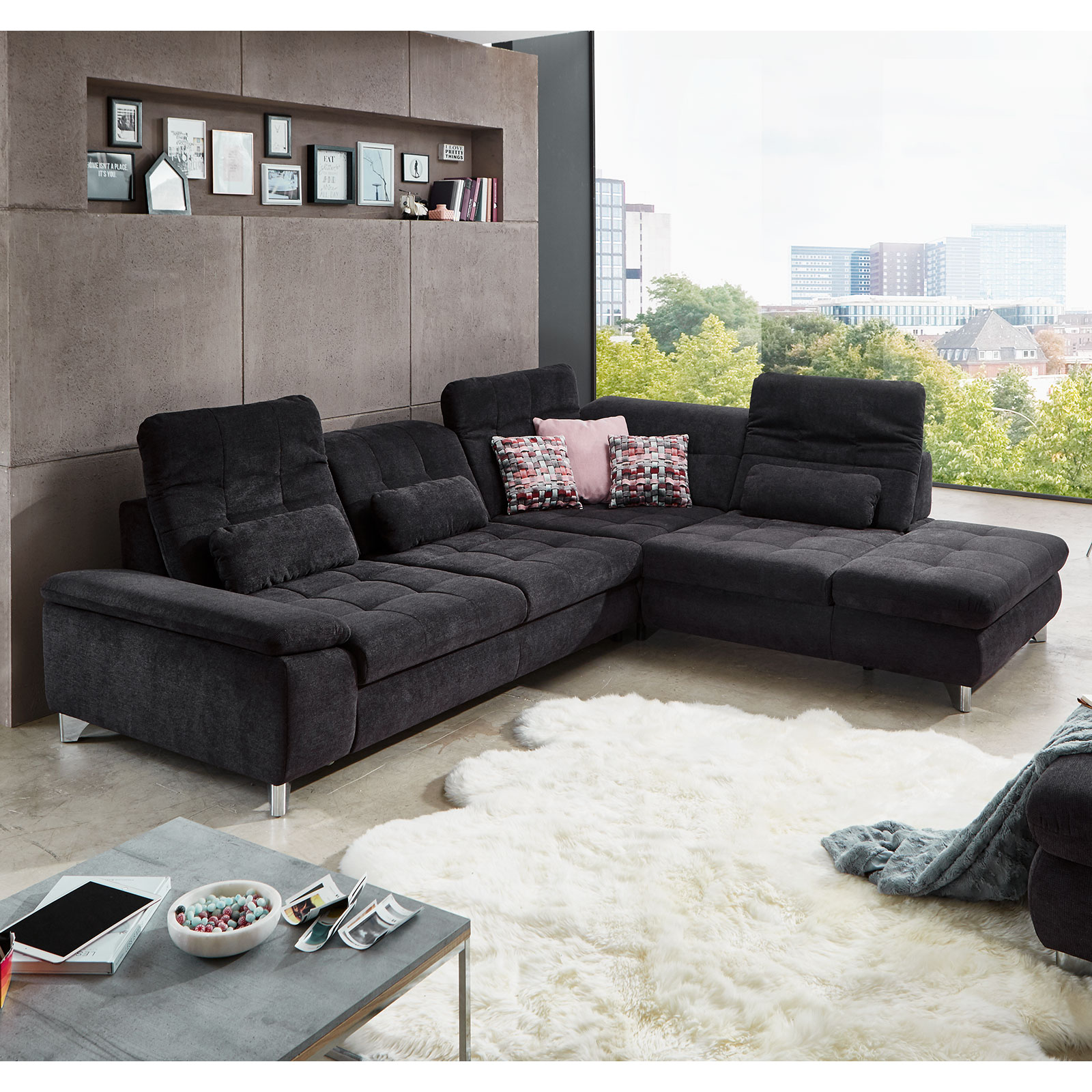 polsterpower Ecksofa - schwarz - mit Funktionen - Recamiere rechts
