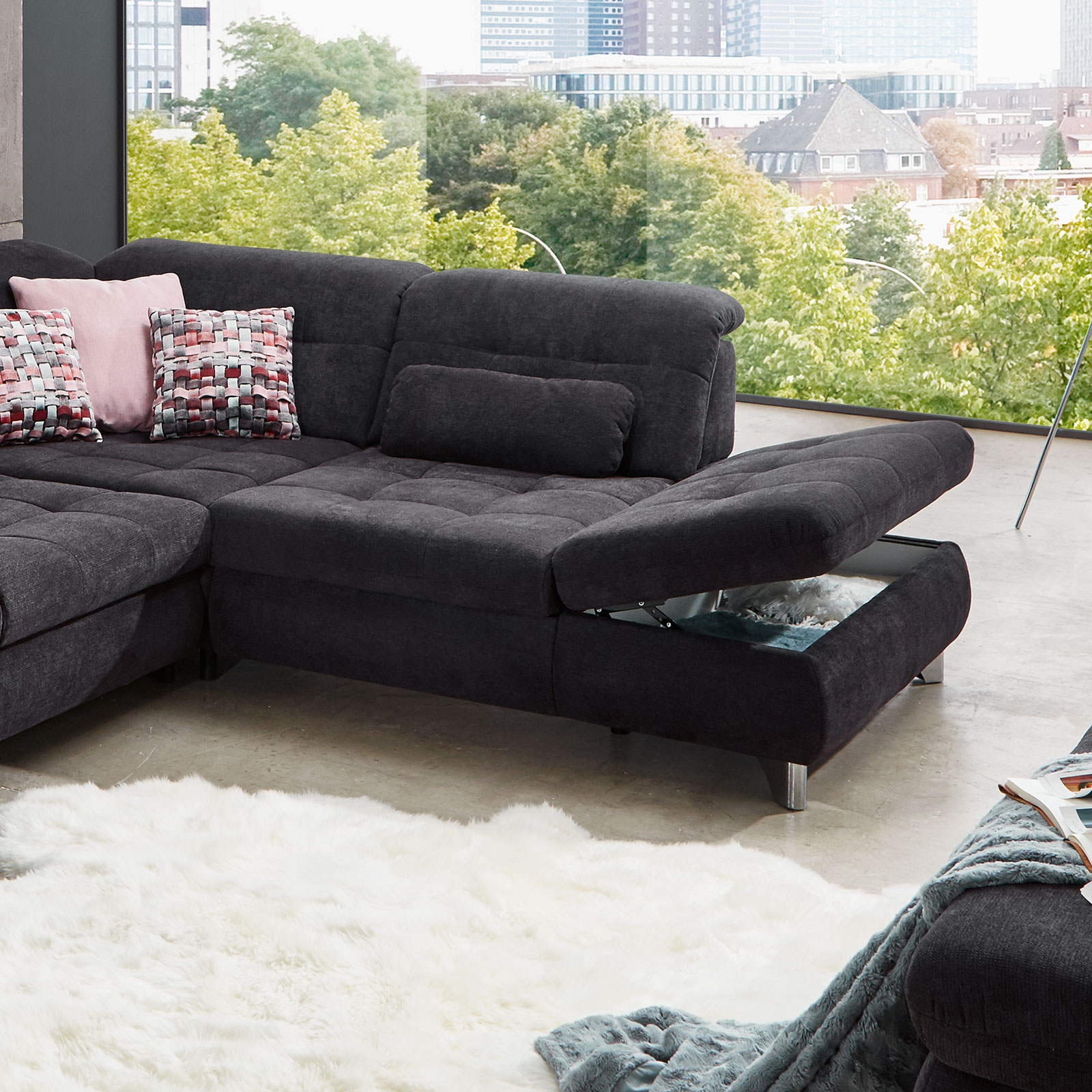 polsterpower Ecksofa - schwarz - mit Funktionen - Recamiere rechts