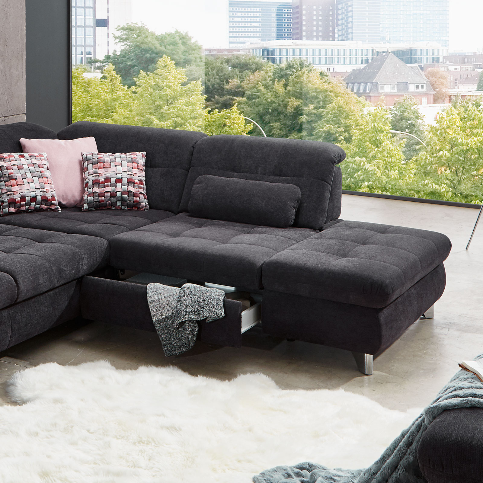 polsterpower Ecksofa - schwarz - mit Funktionen - Recamiere rechts