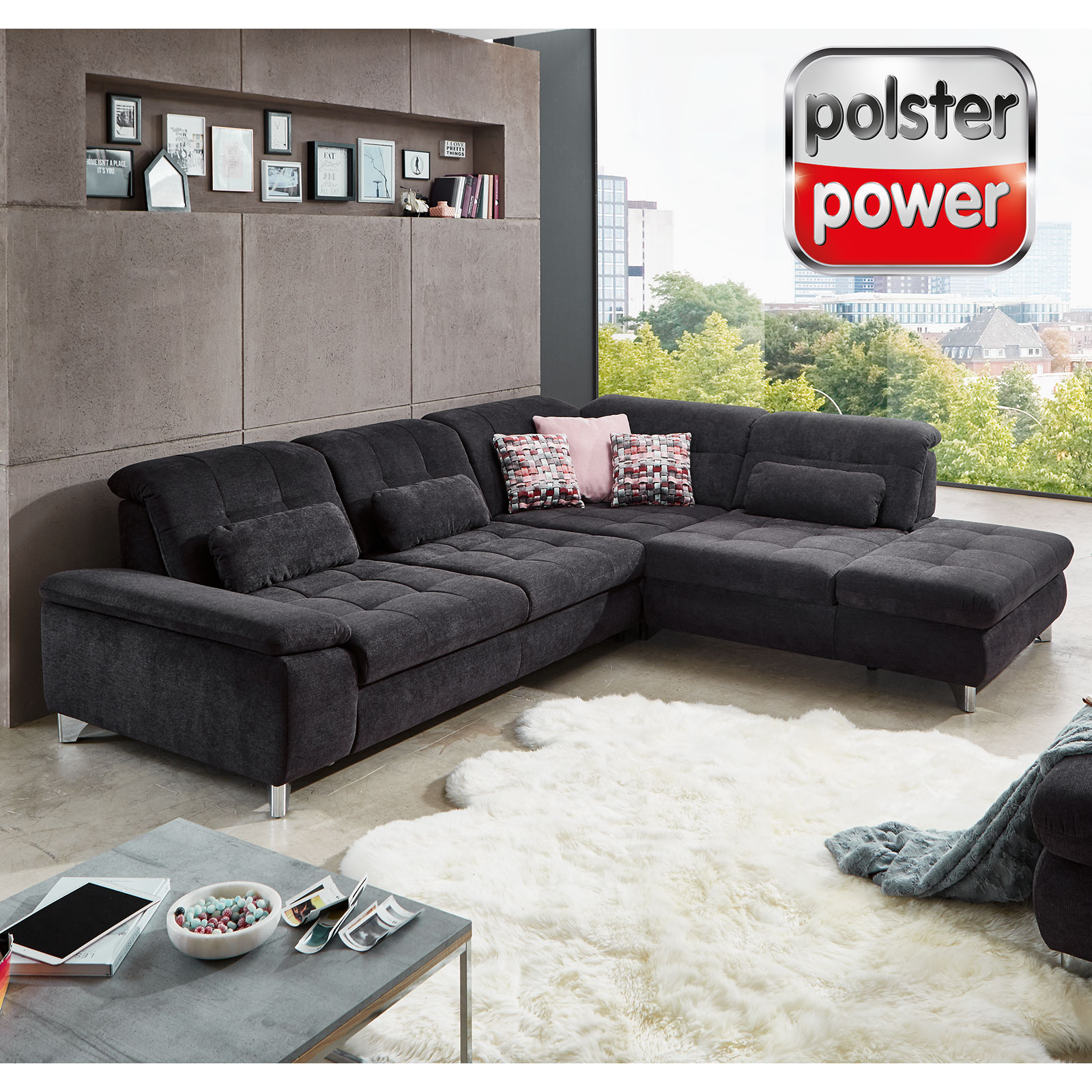 polsterpower Ecksofa - schwarz - mit Funktionen - Recamiere rechts