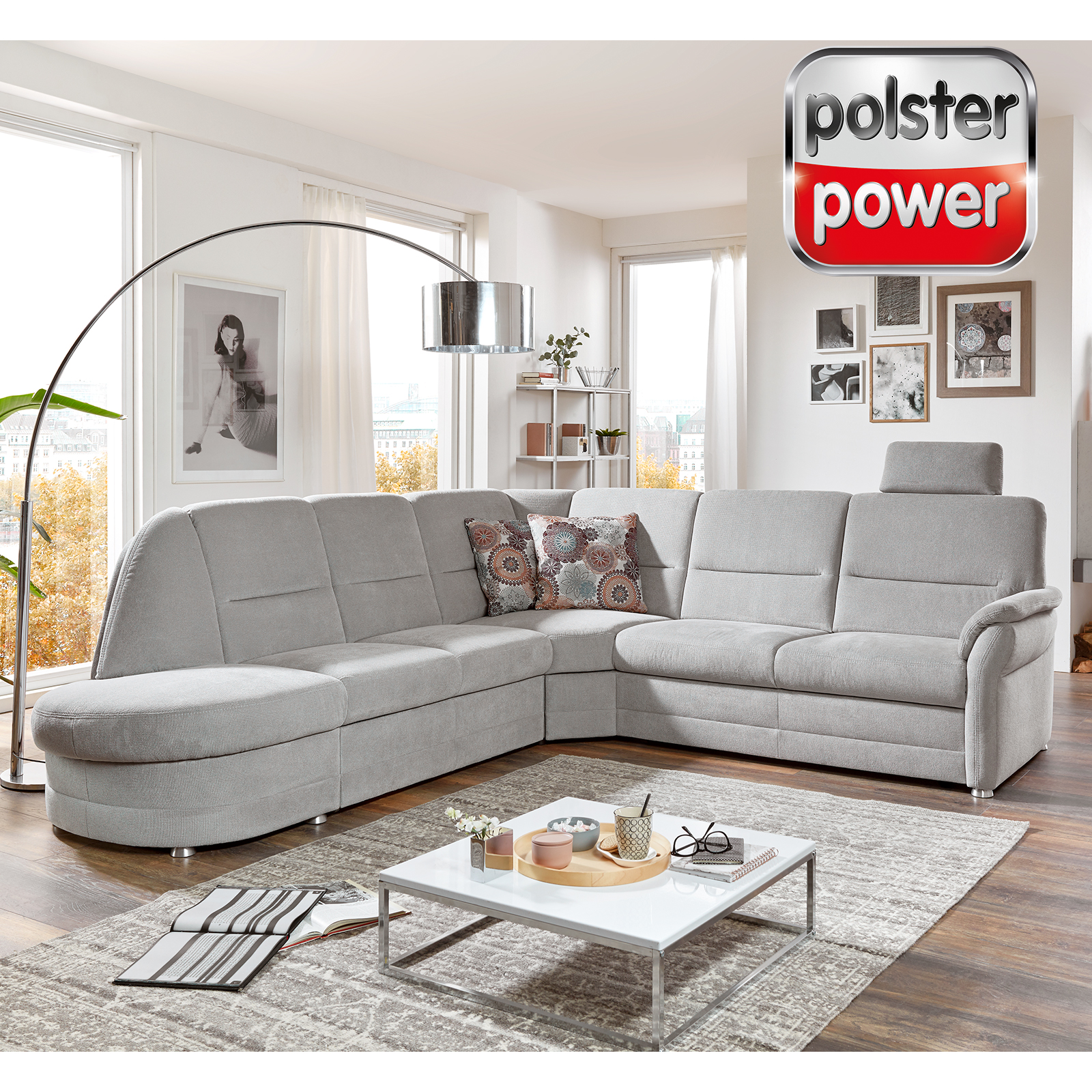 polsterpower Ecksofa - silber - Liegefunktion - Recamiere links