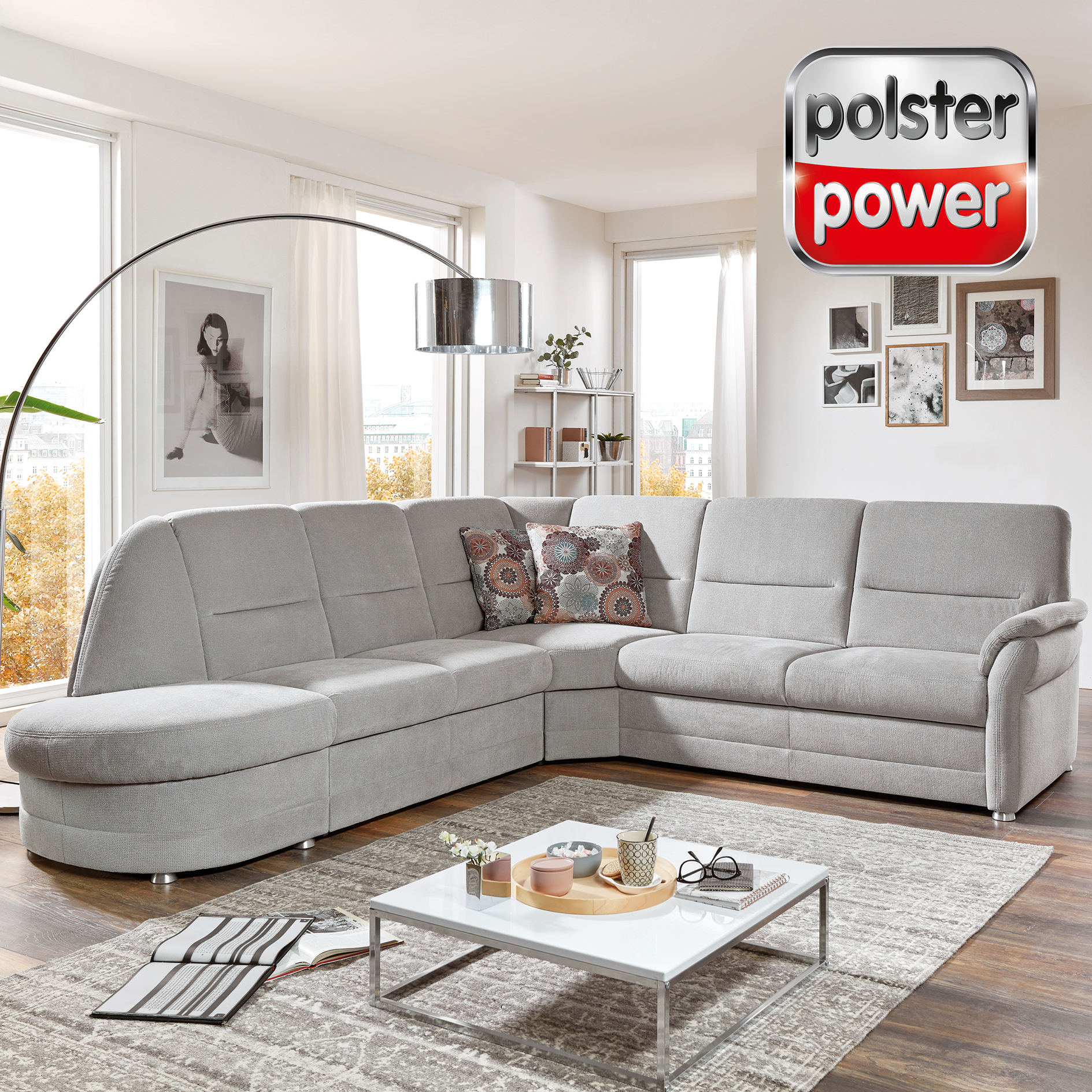 polsterpower Ecksofa - silber - Microchenille - Recamiere links