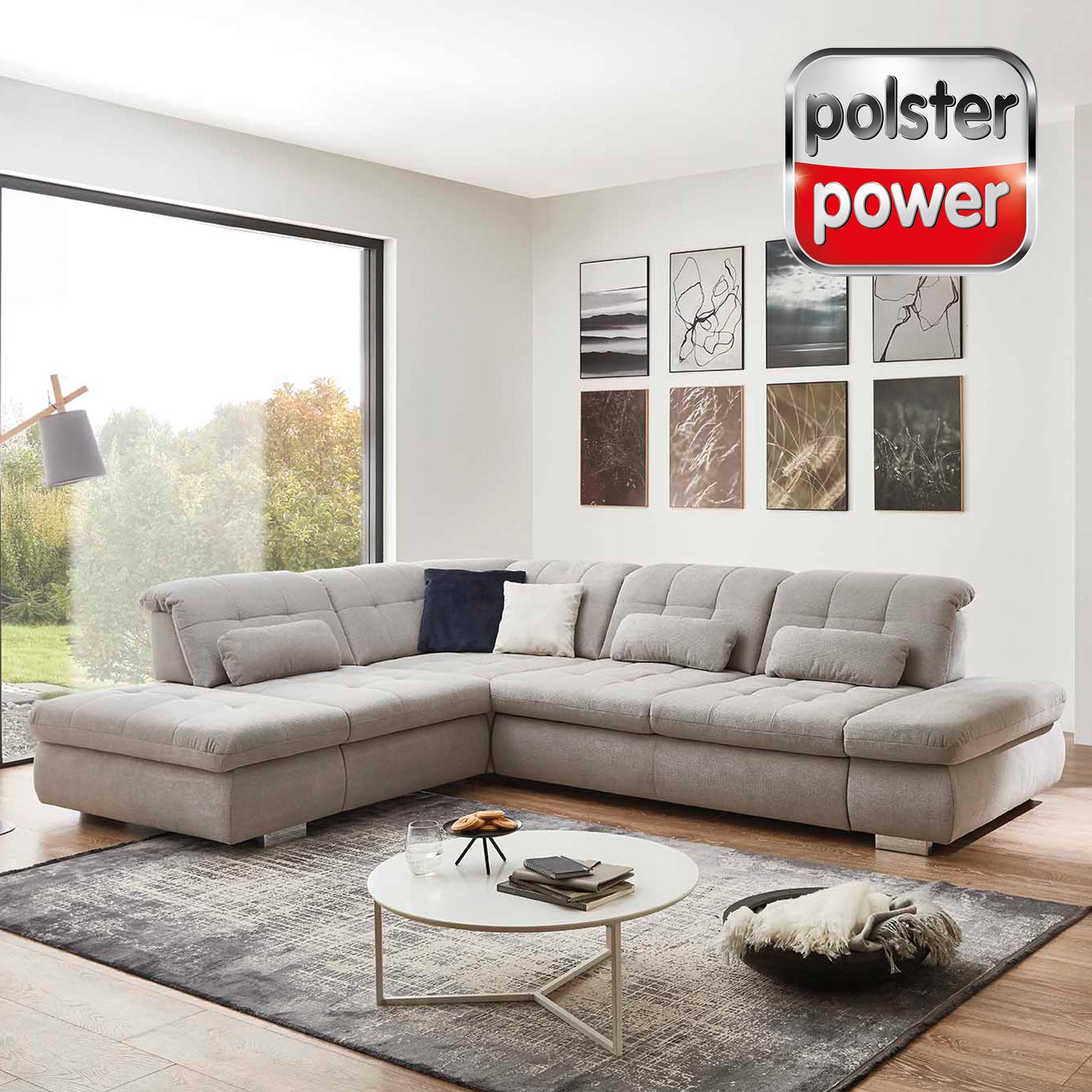 polsterpower Ecksofa - silber - mit Funktionen - Anstellhocker links