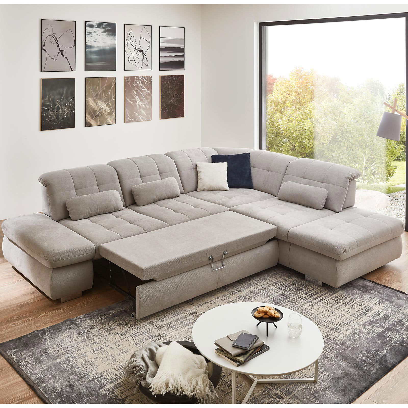 polsterpower Ecksofa - silber - mit Funktionen - Anstellhocker rechts
