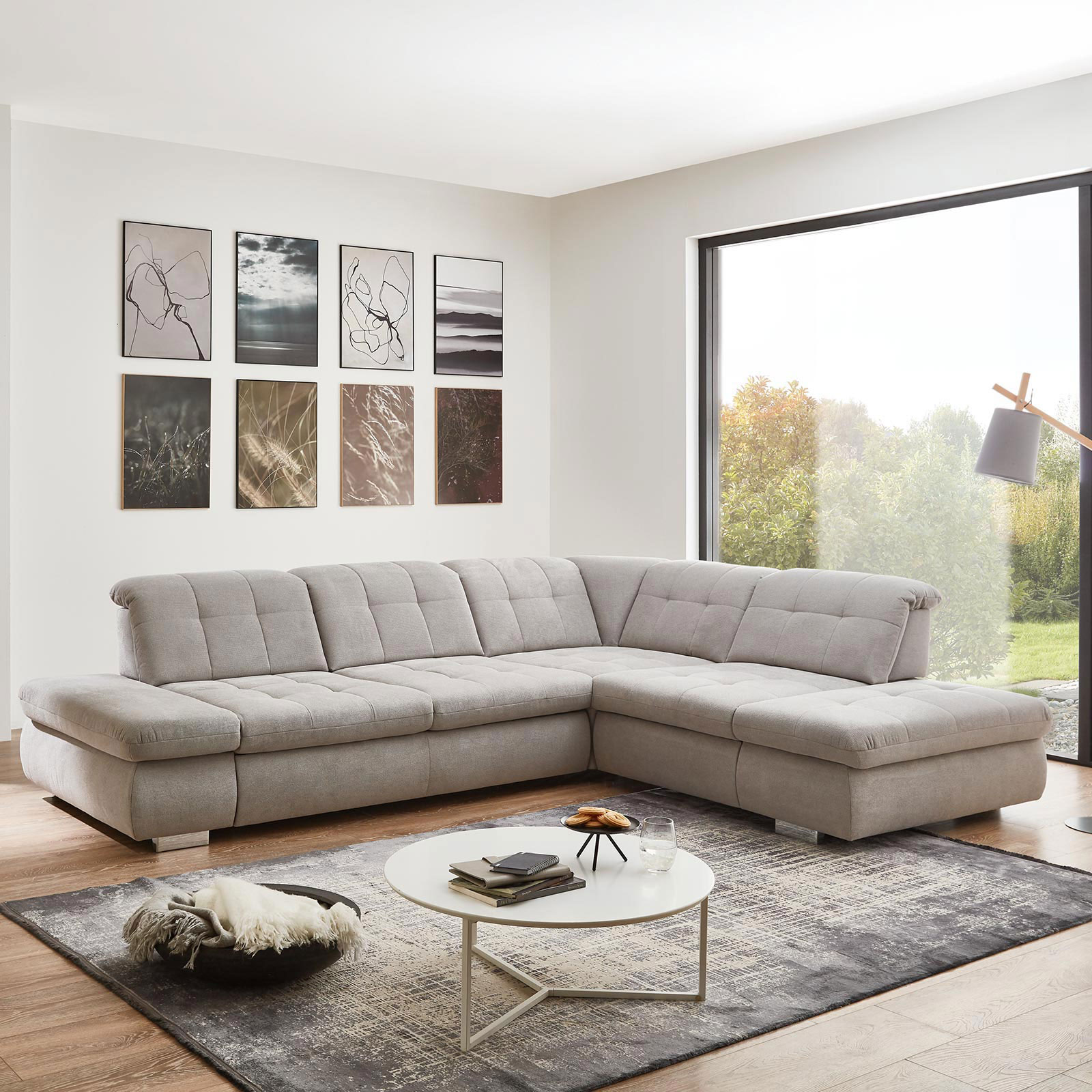polsterpower Ecksofa - silber - mit Funktionen - Anstellhocker rechts