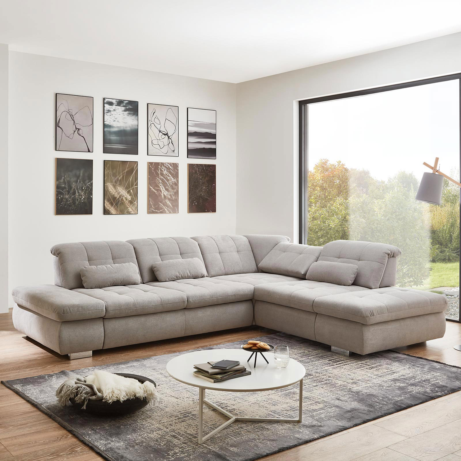 polsterpower Ecksofa - silber - mit Funktionen - Anstellhocker rechts