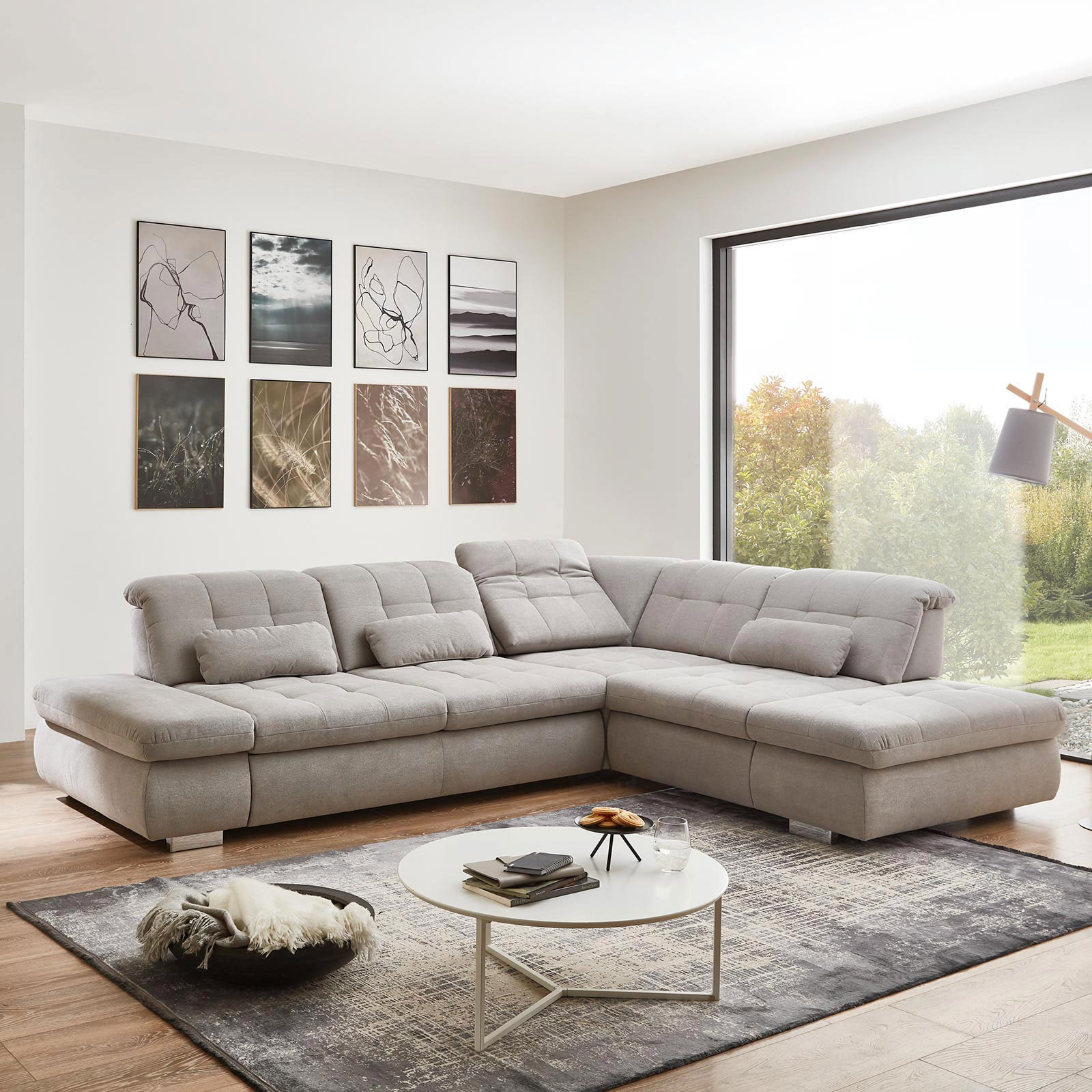polsterpower Ecksofa - silber - mit Funktionen - Anstellhocker rechts