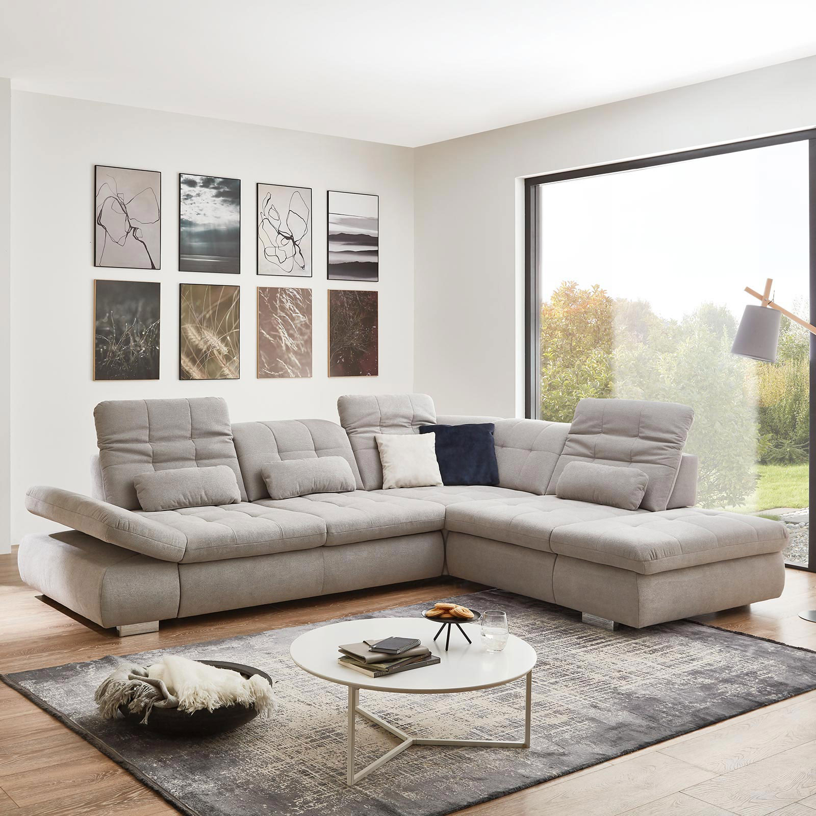 polsterpower Ecksofa - silber - mit Funktionen - Anstellhocker rechts
