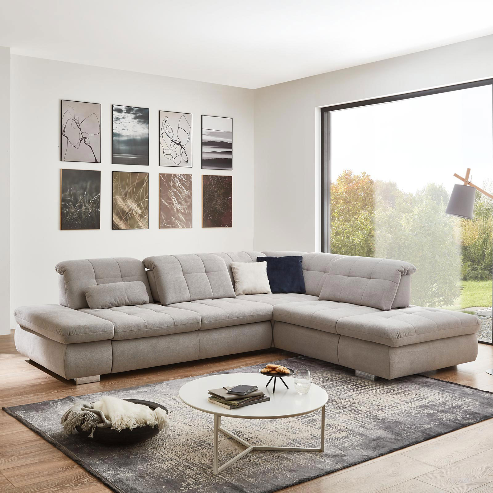 polsterpower Ecksofa - silber - mit Funktionen - Anstellhocker rechts