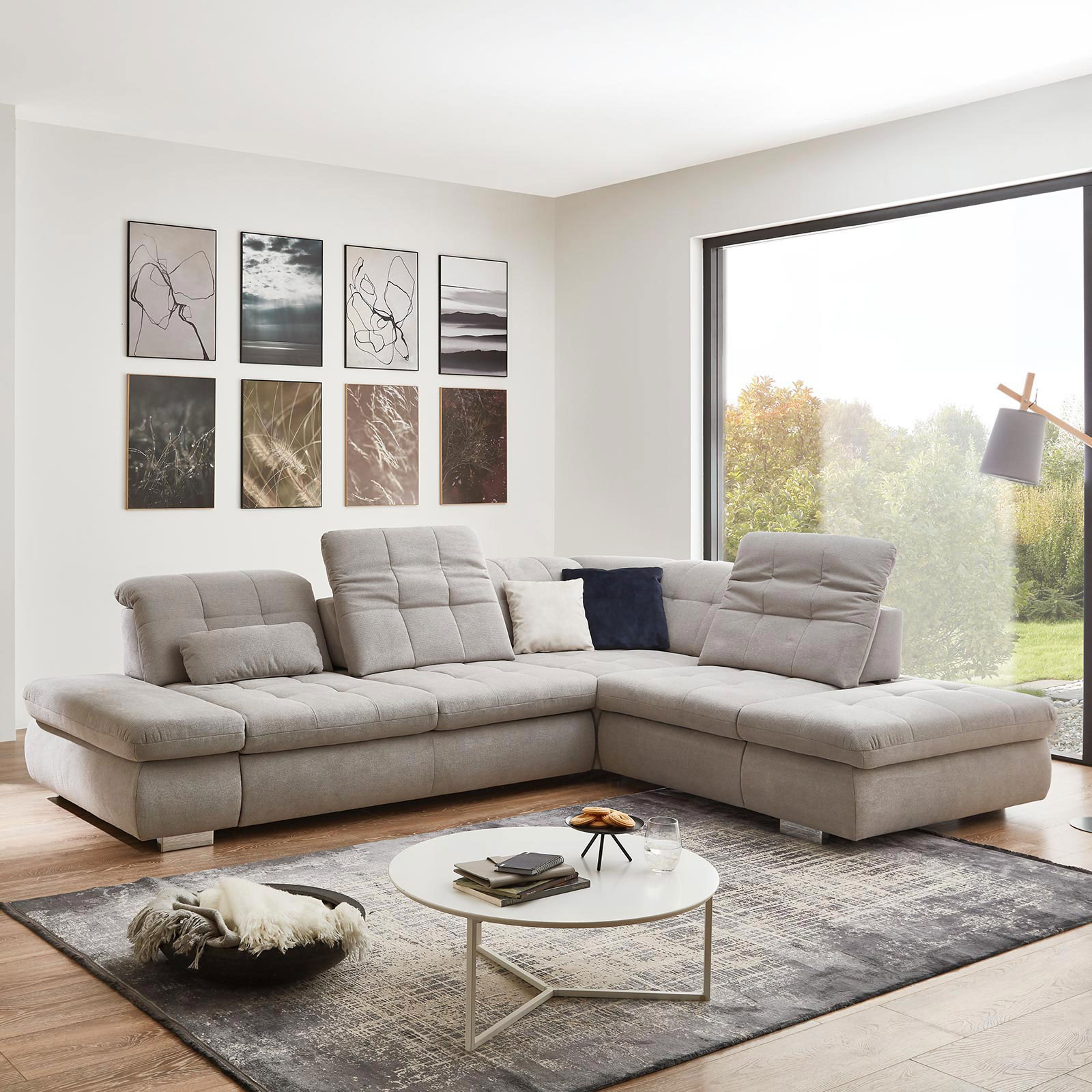 polsterpower Ecksofa - silber - mit Funktionen - Anstellhocker rechts