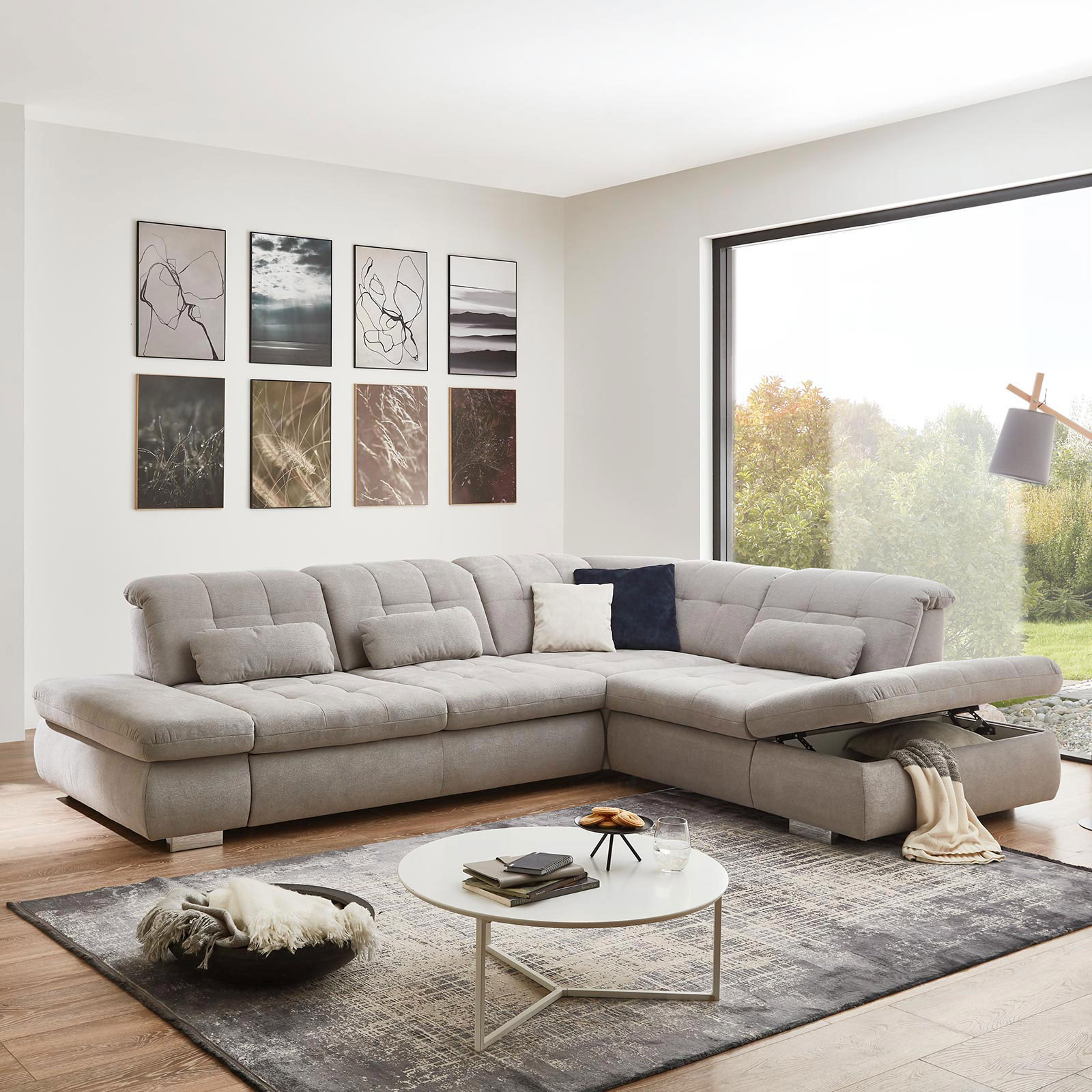 polsterpower Ecksofa - silber - mit Funktionen - Anstellhocker rechts