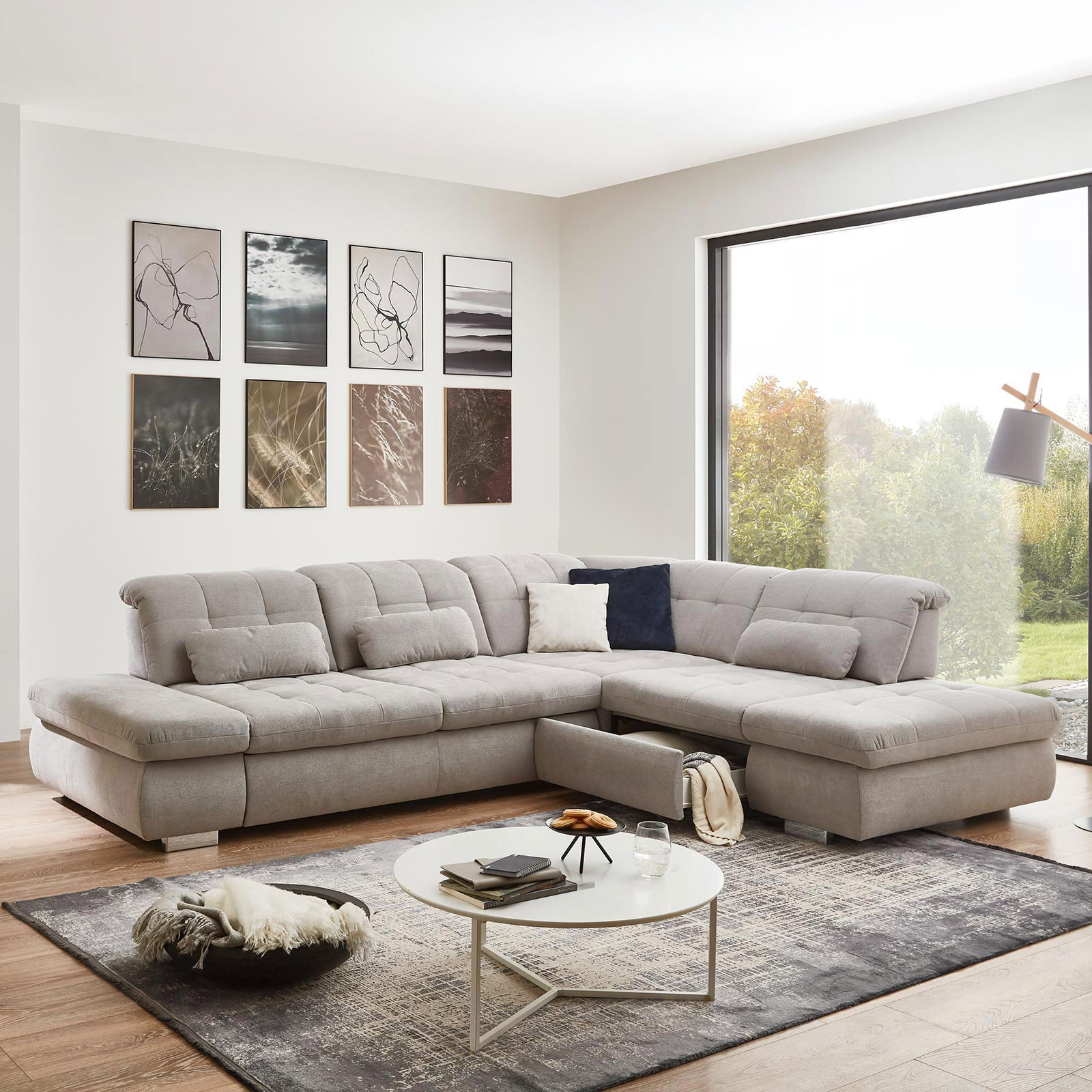 polsterpower Ecksofa - silber - mit Funktionen - Anstellhocker rechts
