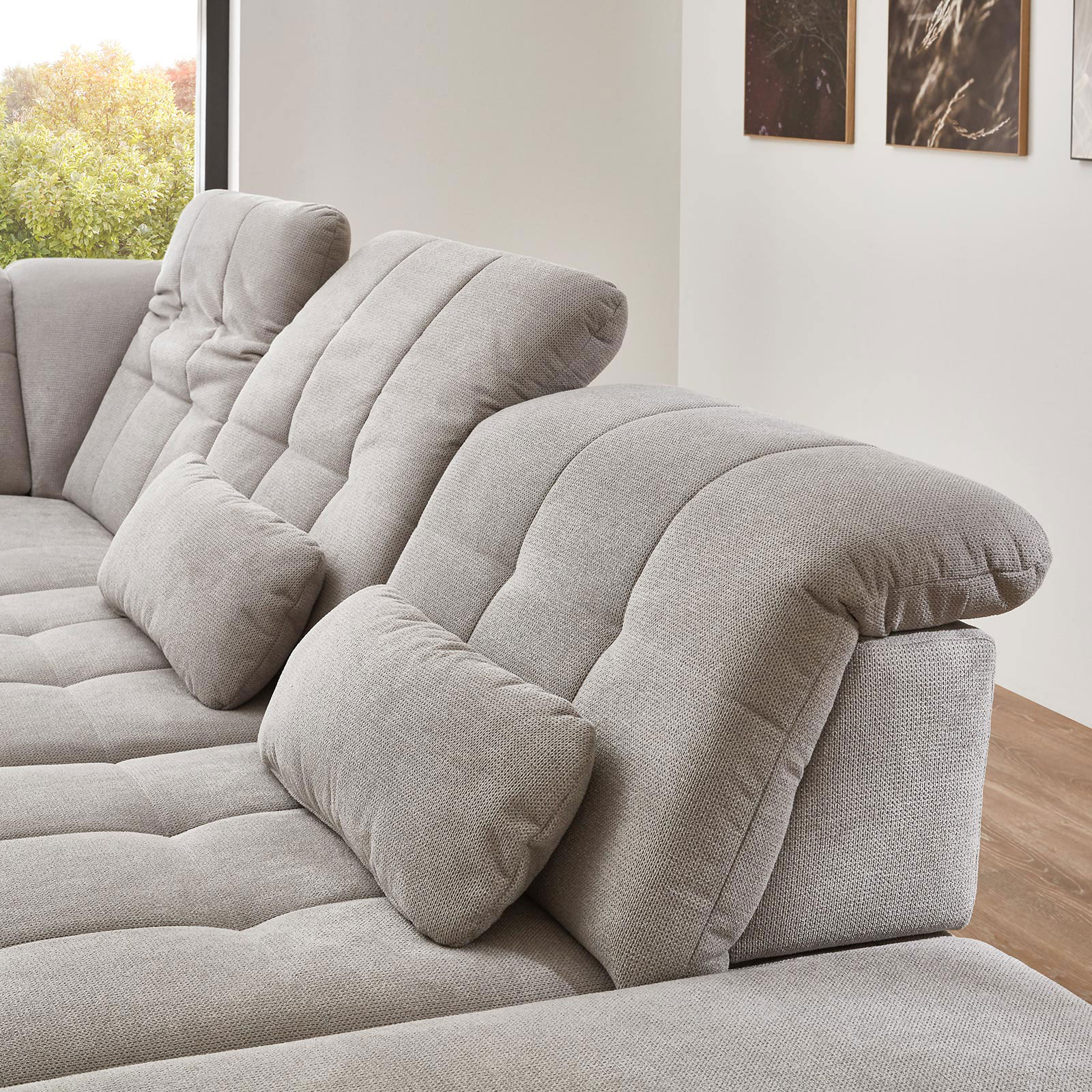 polsterpower Ecksofa - silber - mit Funktionen - Anstellhocker rechts
