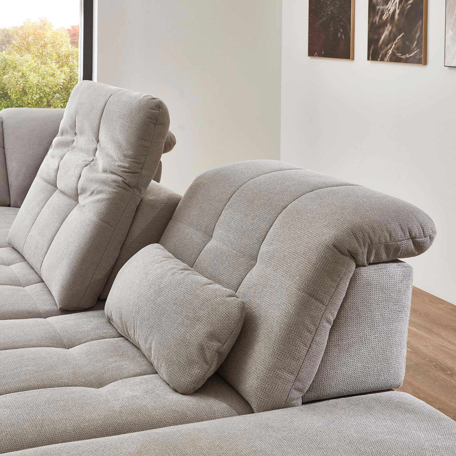 polsterpower Ecksofa - silber - mit Funktionen - Anstellhocker rechts