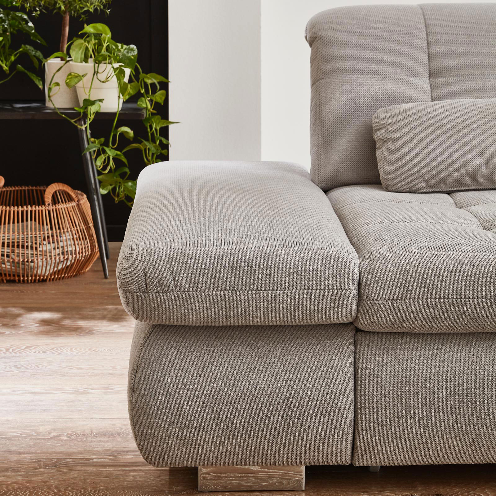 polsterpower Ecksofa - silber - mit Funktionen - Anstellhocker rechts