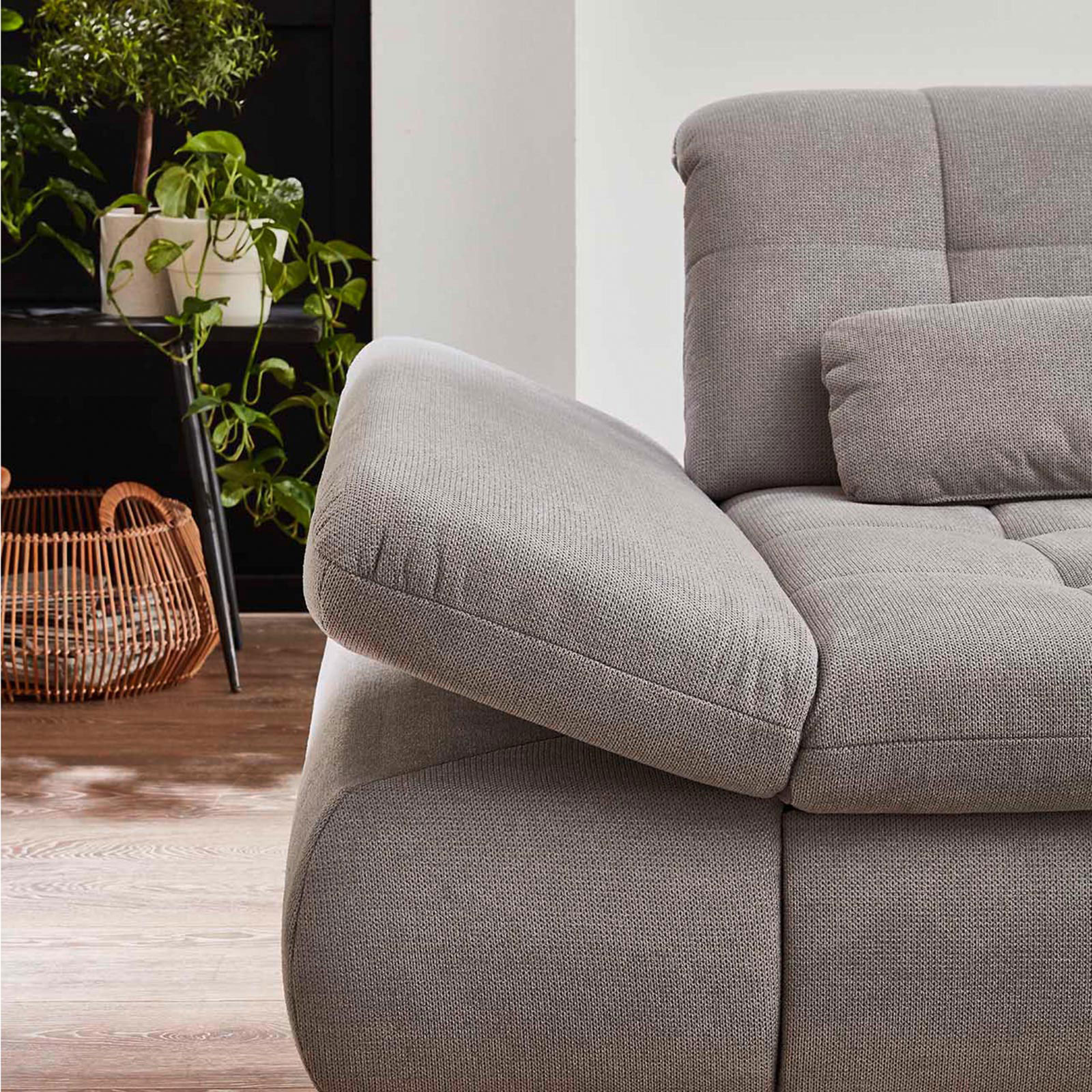 polsterpower Ecksofa - silber - mit Funktionen - Anstellhocker rechts