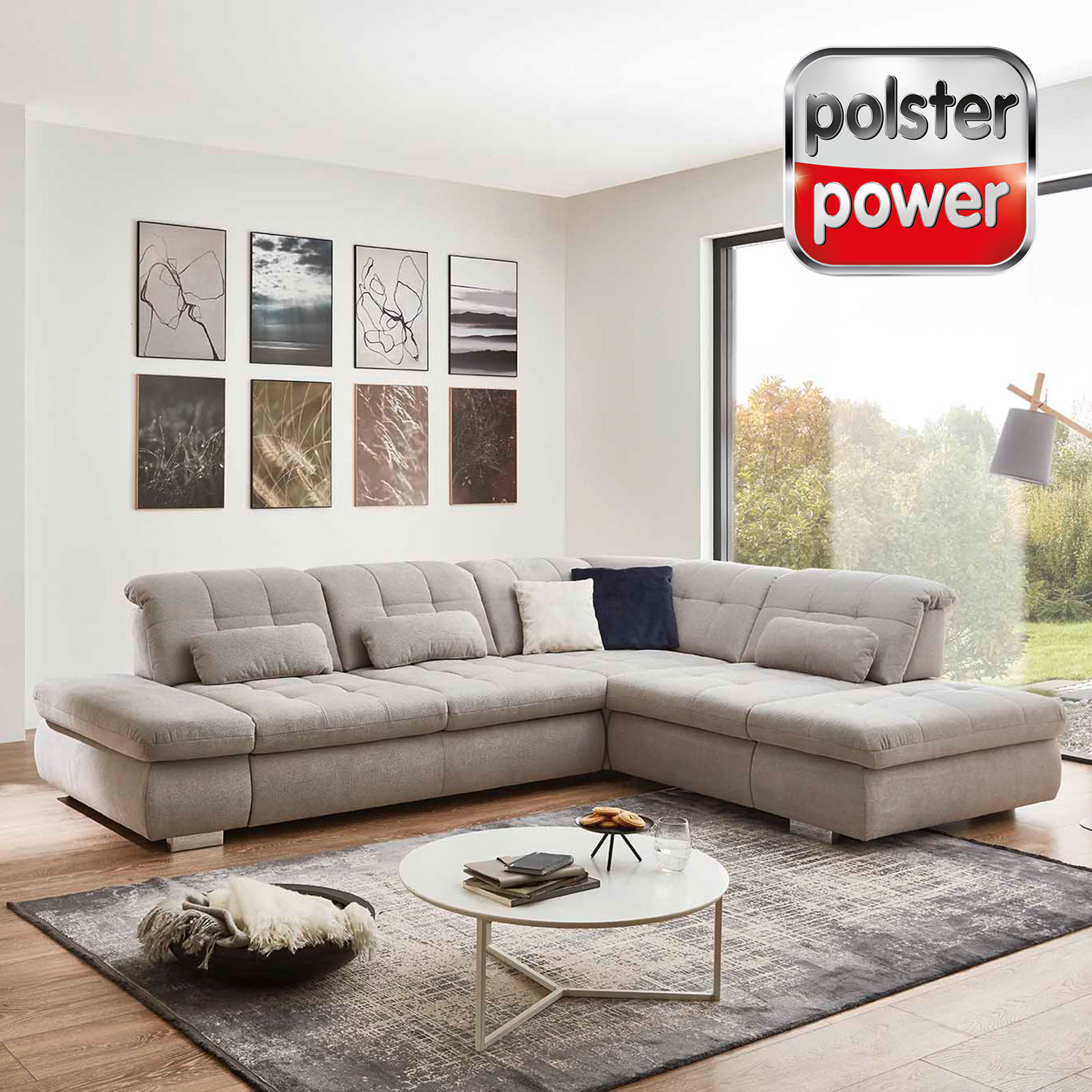 polsterpower Ecksofa - silber - mit Funktionen - Anstellhocker rechts
