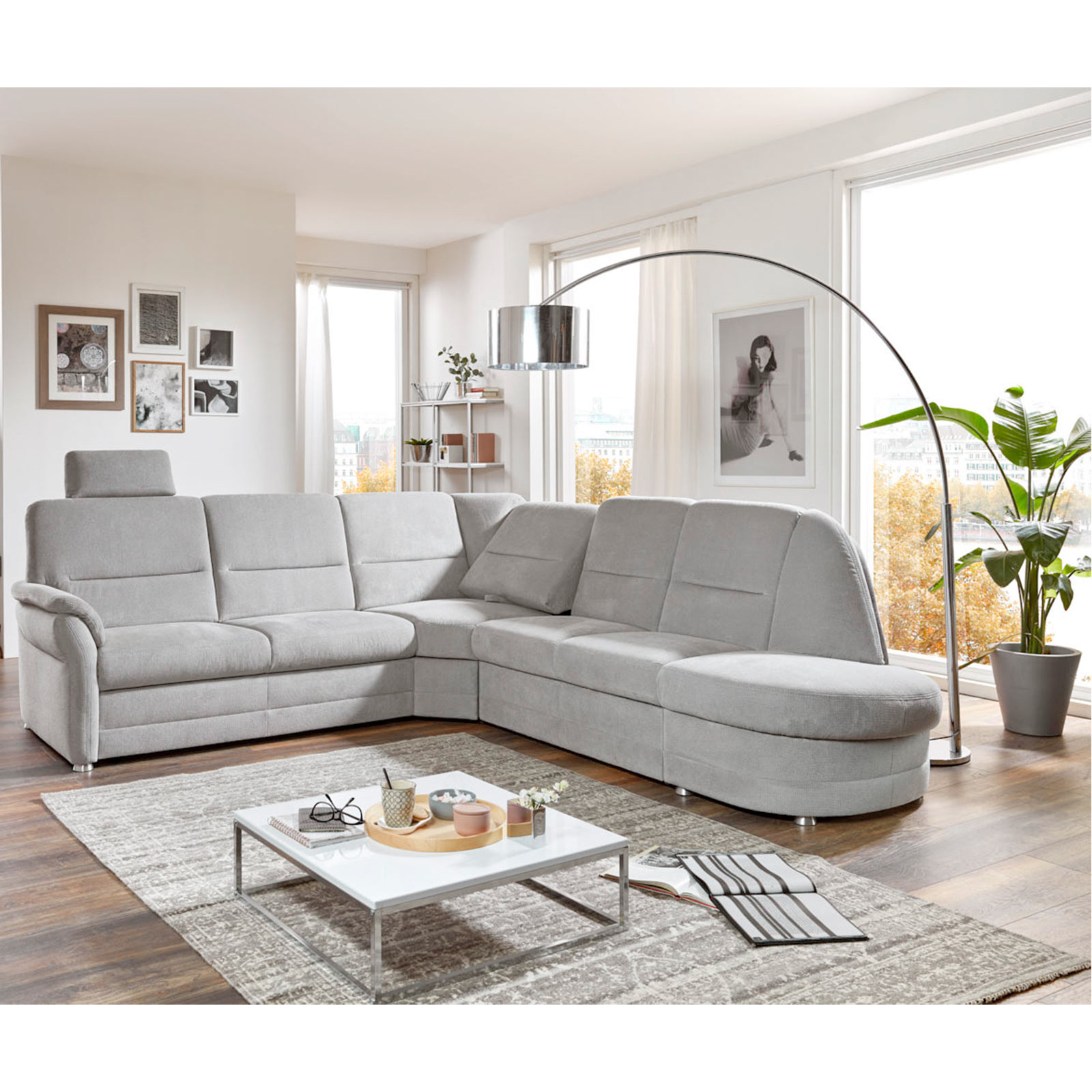 polsterpower Ecksofa - silber - mit Liegefunktion - Recamiere 
