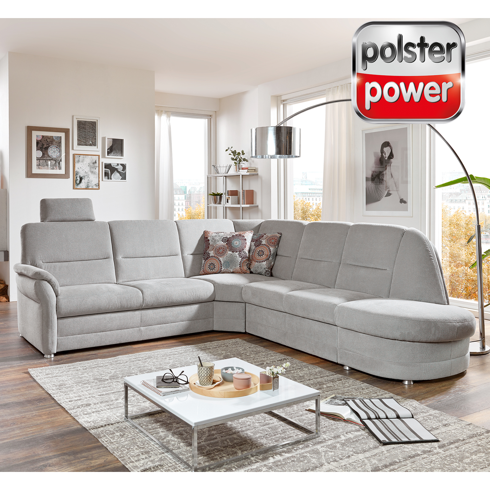 polsterpower Ecksofa - silber - mit Liegefunktion - Recamiere rechts